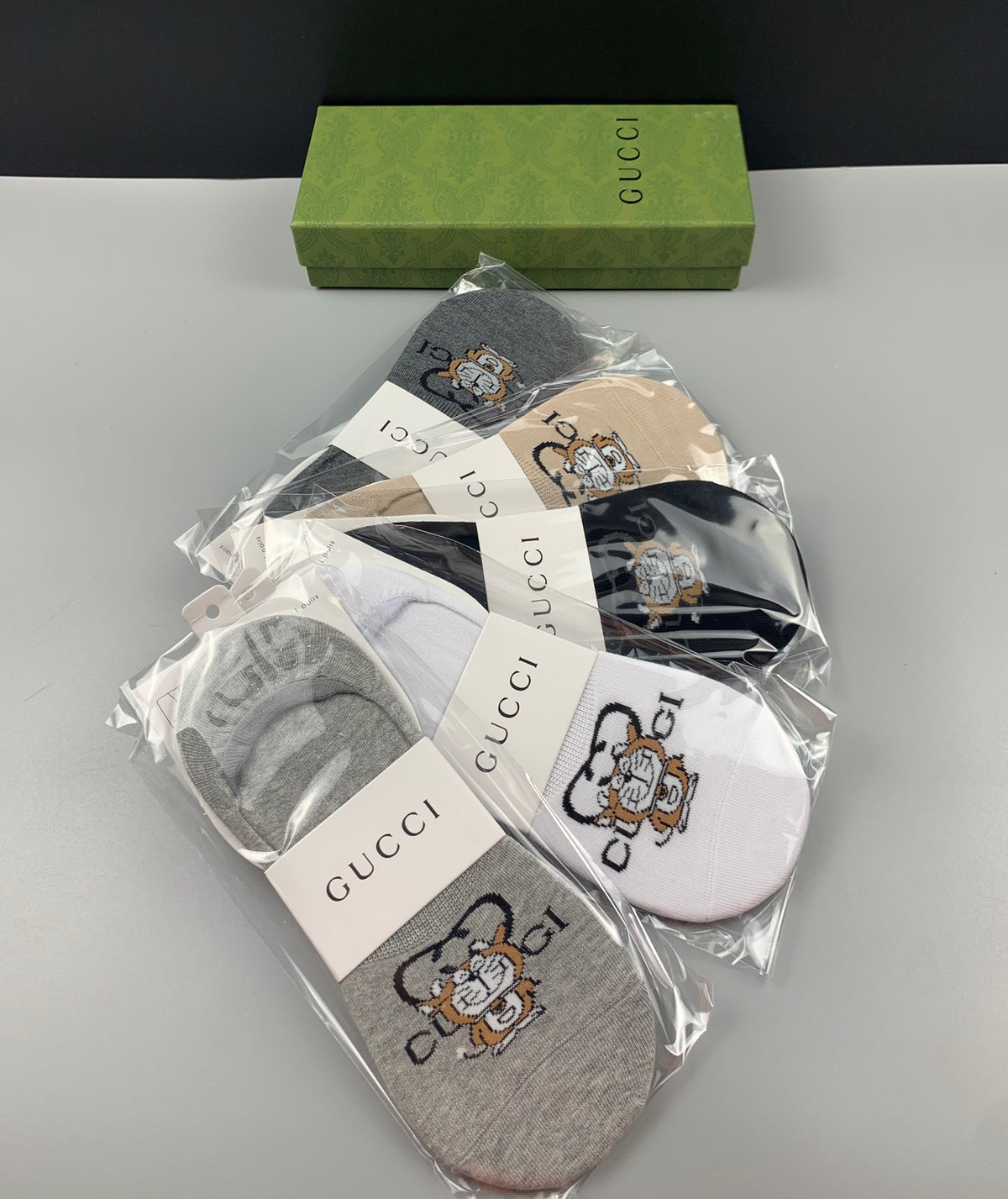 Gucci Grey Cream Packaged Monogram No-Show Socks, image 2
