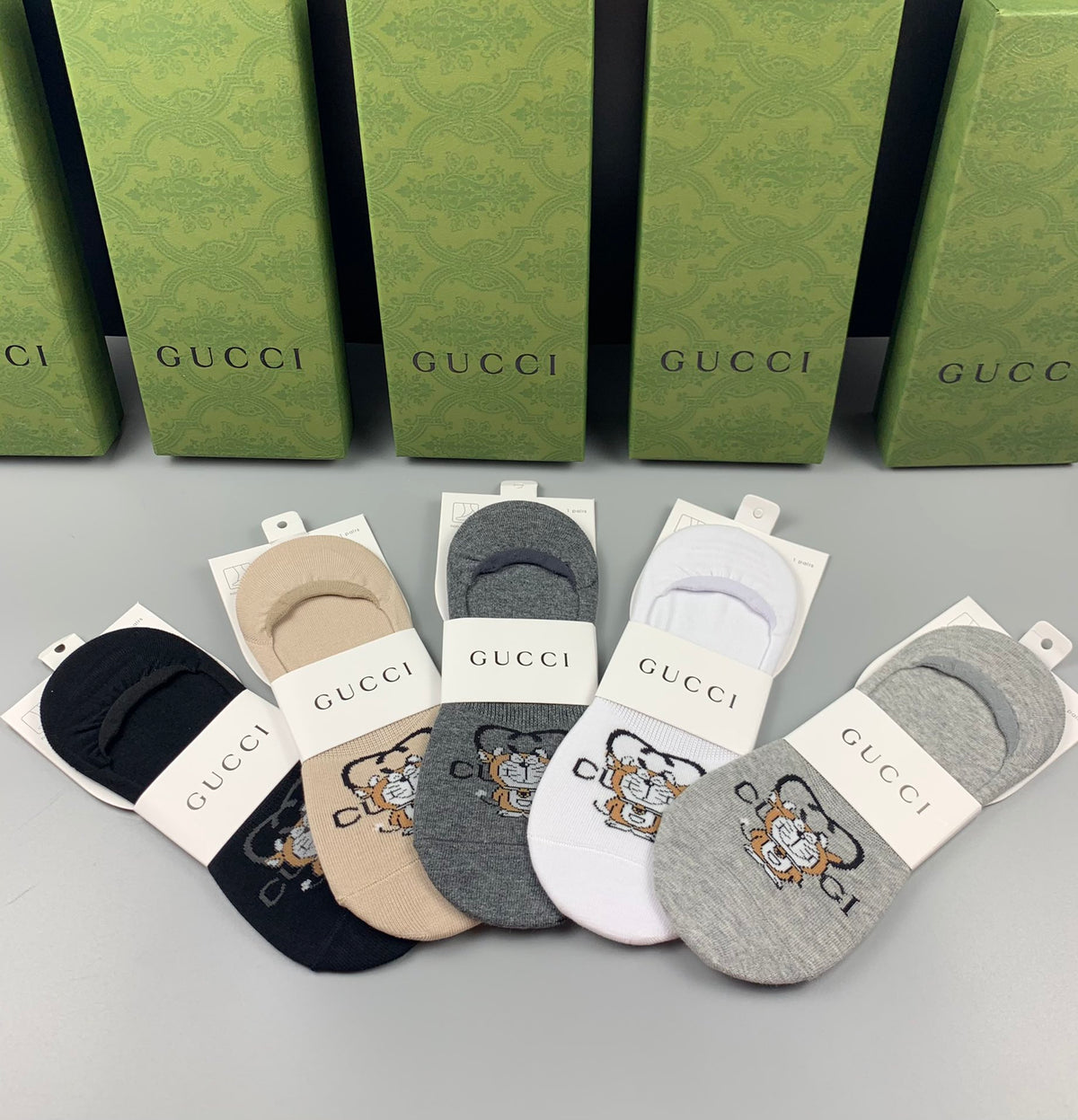 Gucci Grey Cream Packaged Monogram No-Show Socks, image 6