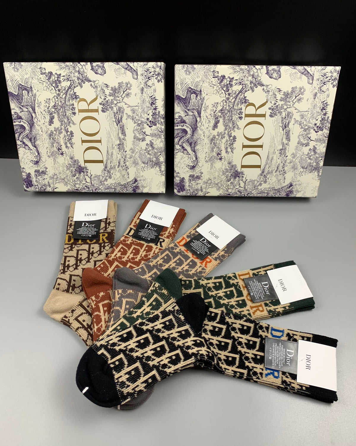 Dior Earthy Allover Ornamental Pattern Crew Socks, image 2