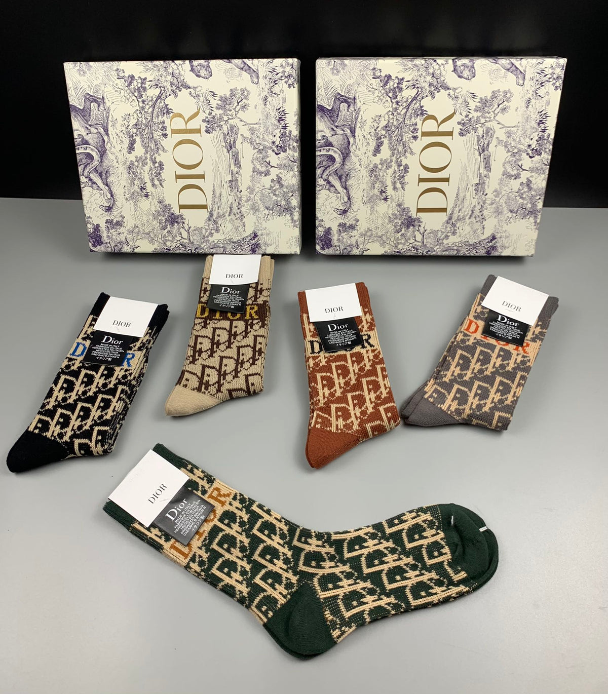 Dior Earthy Allover Ornamental Pattern Crew Socks, image 3