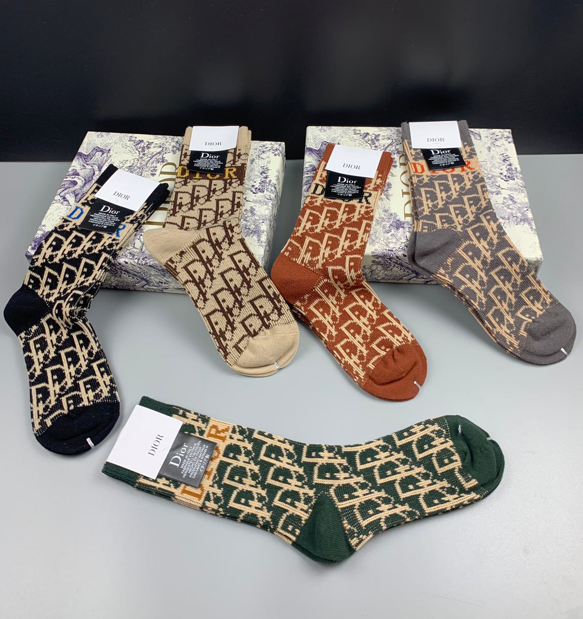 Dior Earthy Allover Ornamental Pattern Crew Socks, image 4