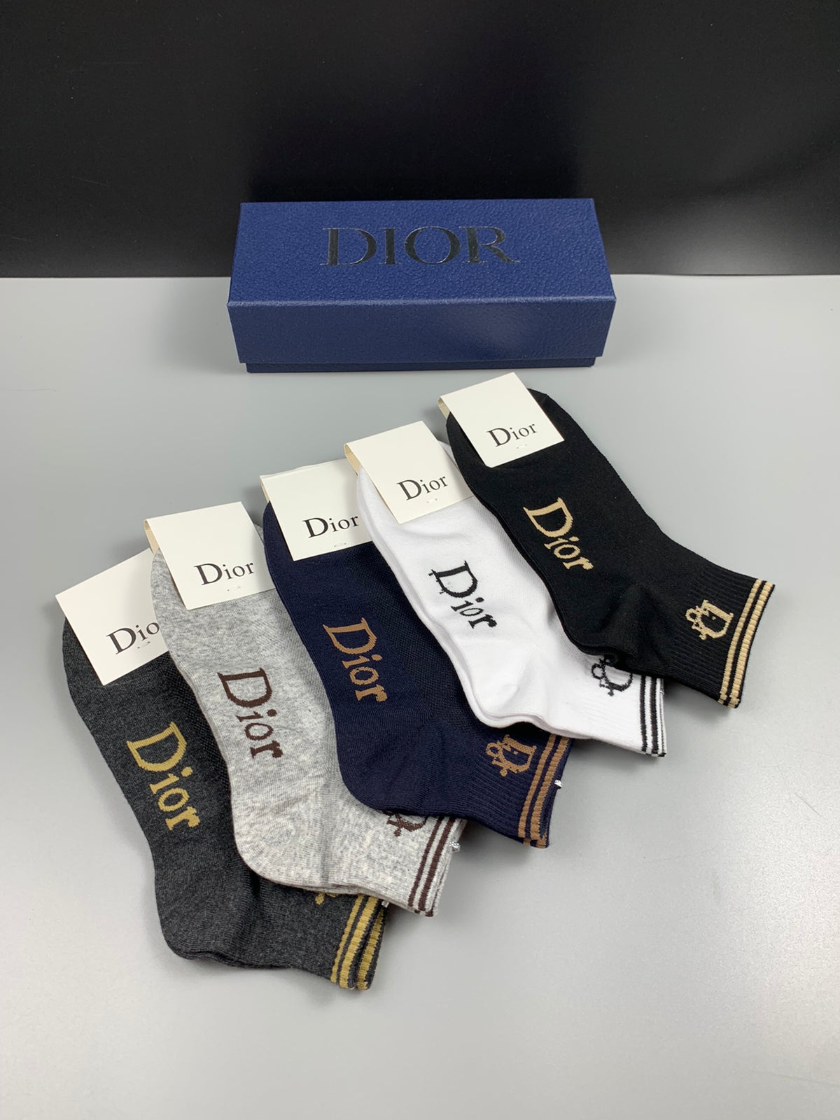 Dior Black Navy White Grey Gold Letters Ankle Socks, image 5