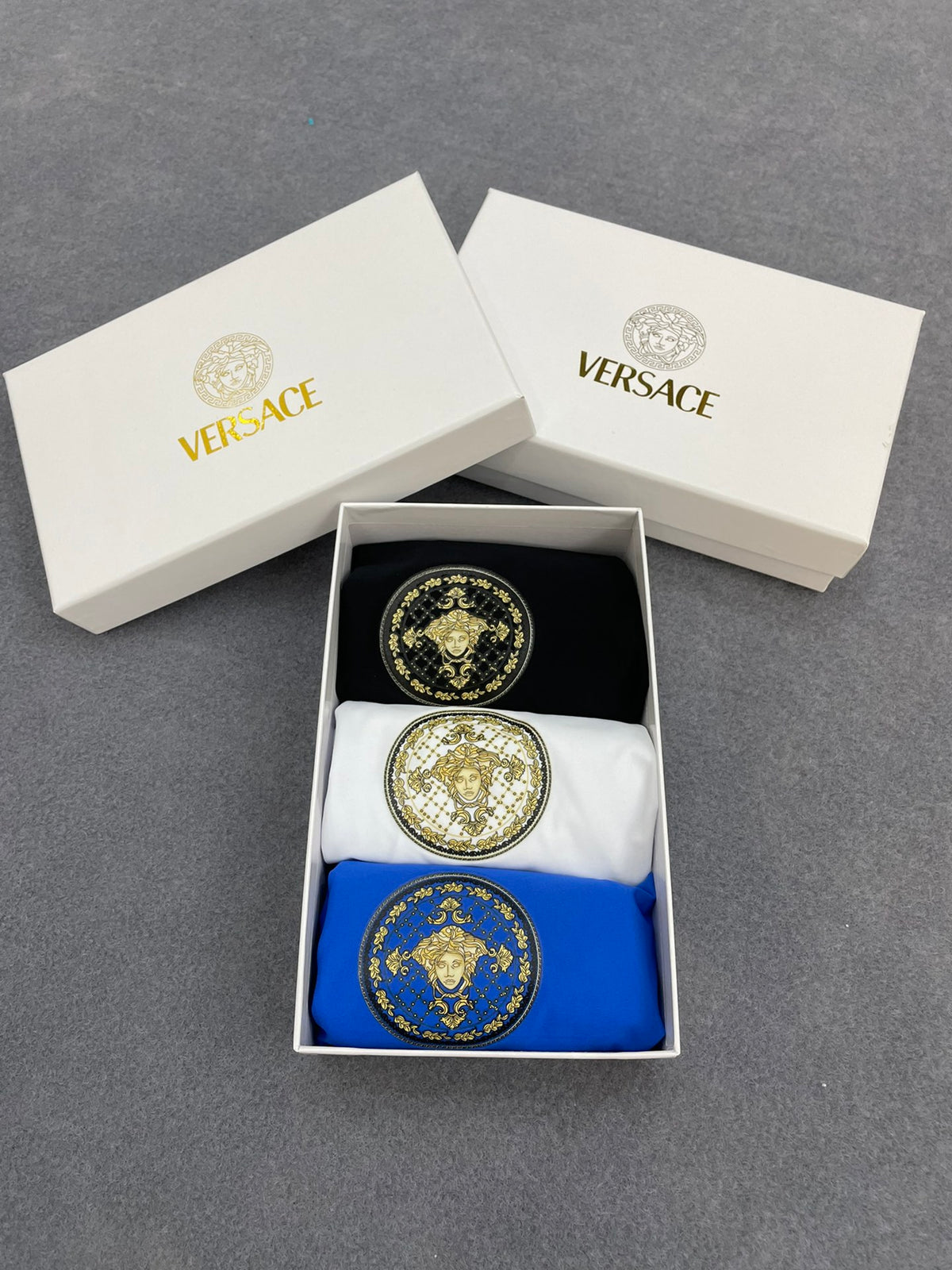 Versace Boxed Blue White Black Gold Face Boxer Briefs, image 1