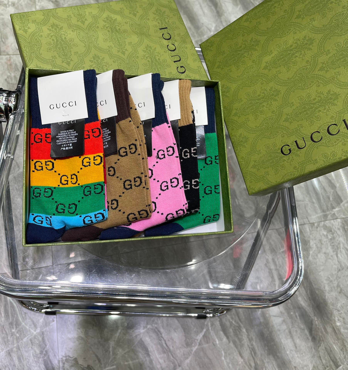 Gucci Rainbow Stripe Lettered Crew Crew Socks, image 8
