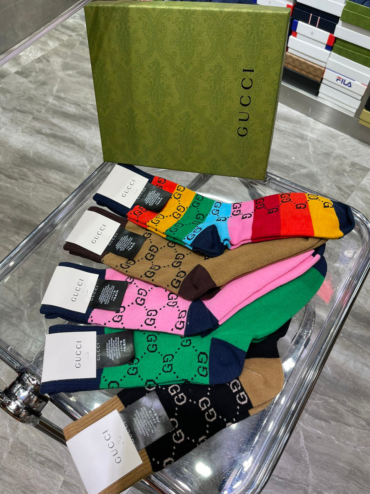 Gucci Rainbow Stripe Lettered Crew Crew Socks, image 2