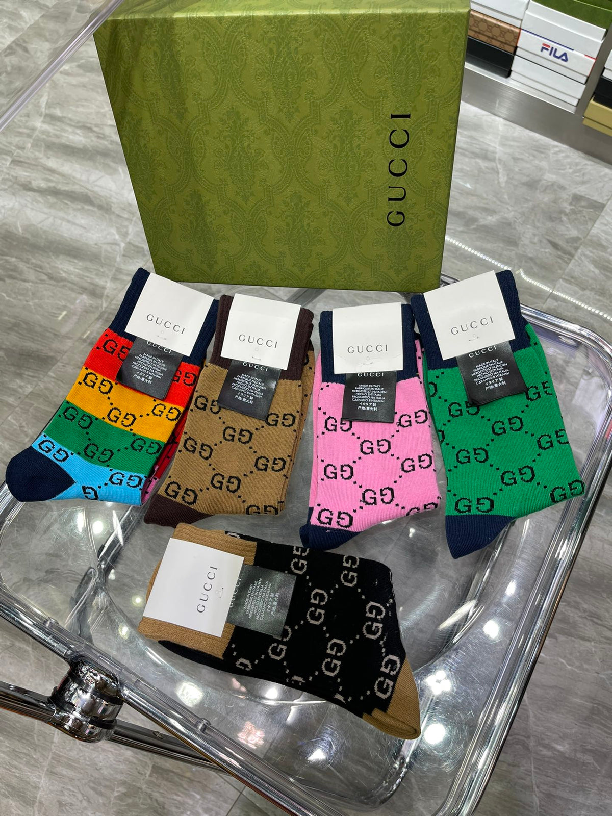 Gucci Rainbow Stripe Lettered Crew Crew Socks, image 3