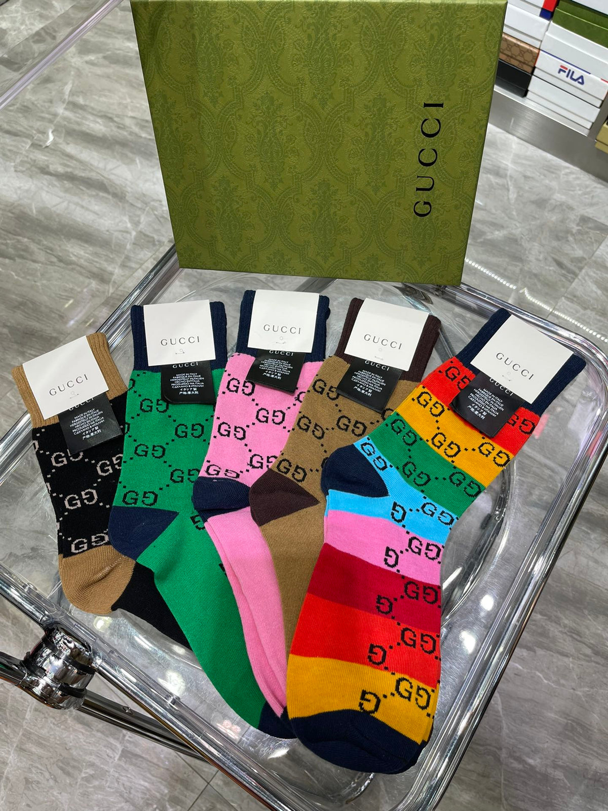 Gucci Rainbow Stripe Lettered Crew Crew Socks, image 1