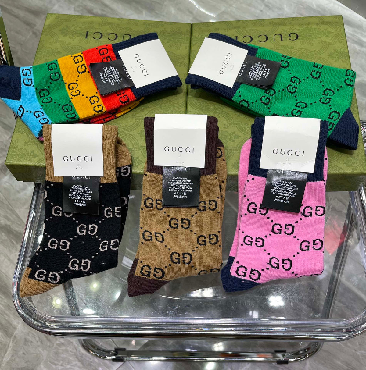 Gucci Rainbow Stripe Lettered Crew Crew Socks, image 5