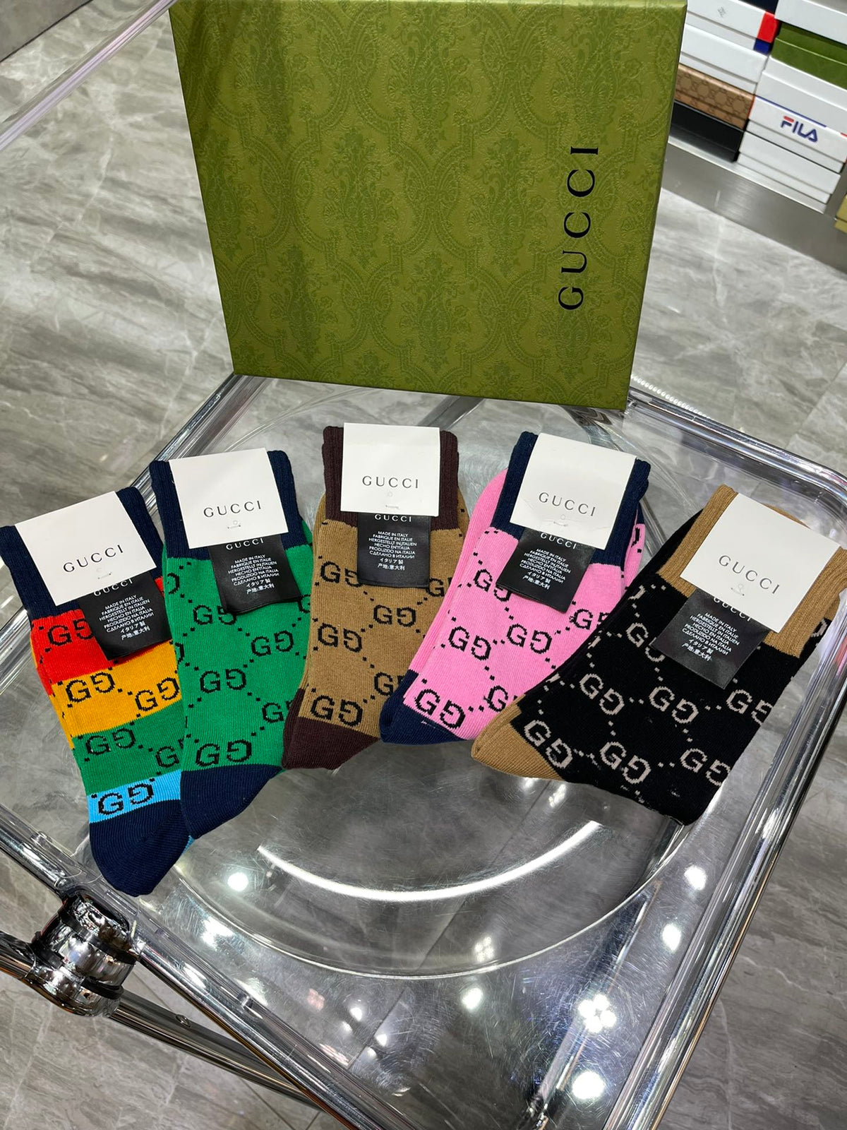 Gucci Rainbow Stripe Lettered Crew Crew Socks, image 4