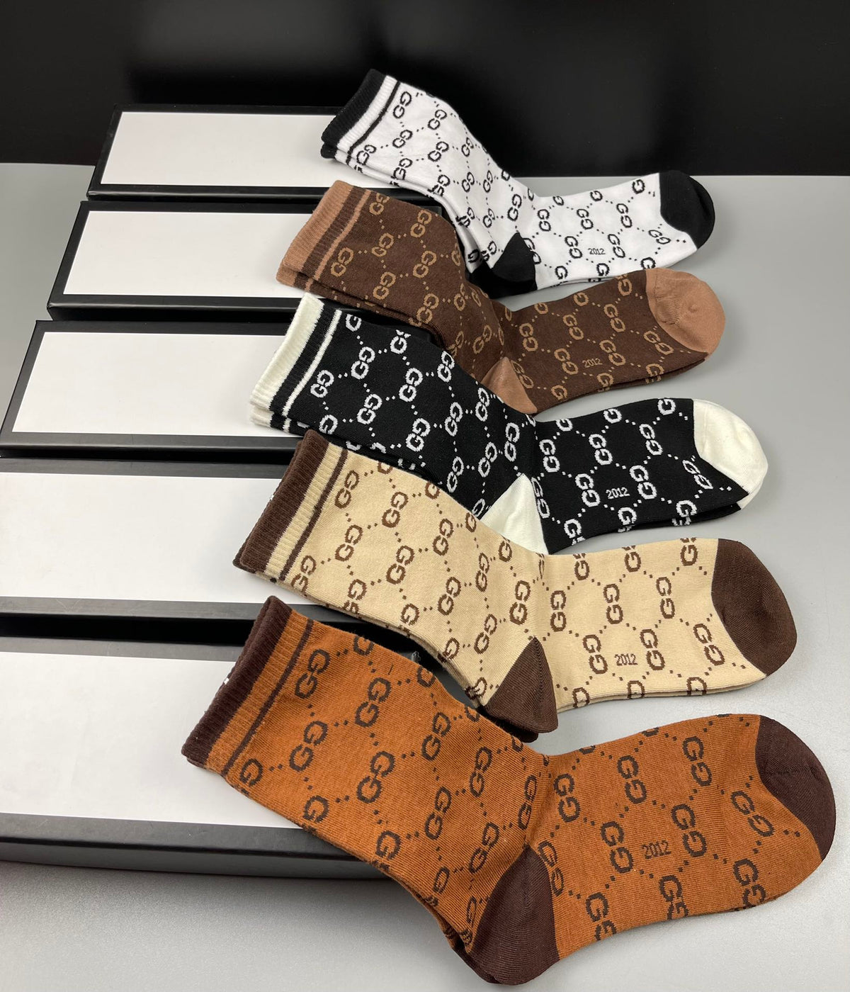 Gucci Neutral Brown Checker Pattern Crew Socks, image 6