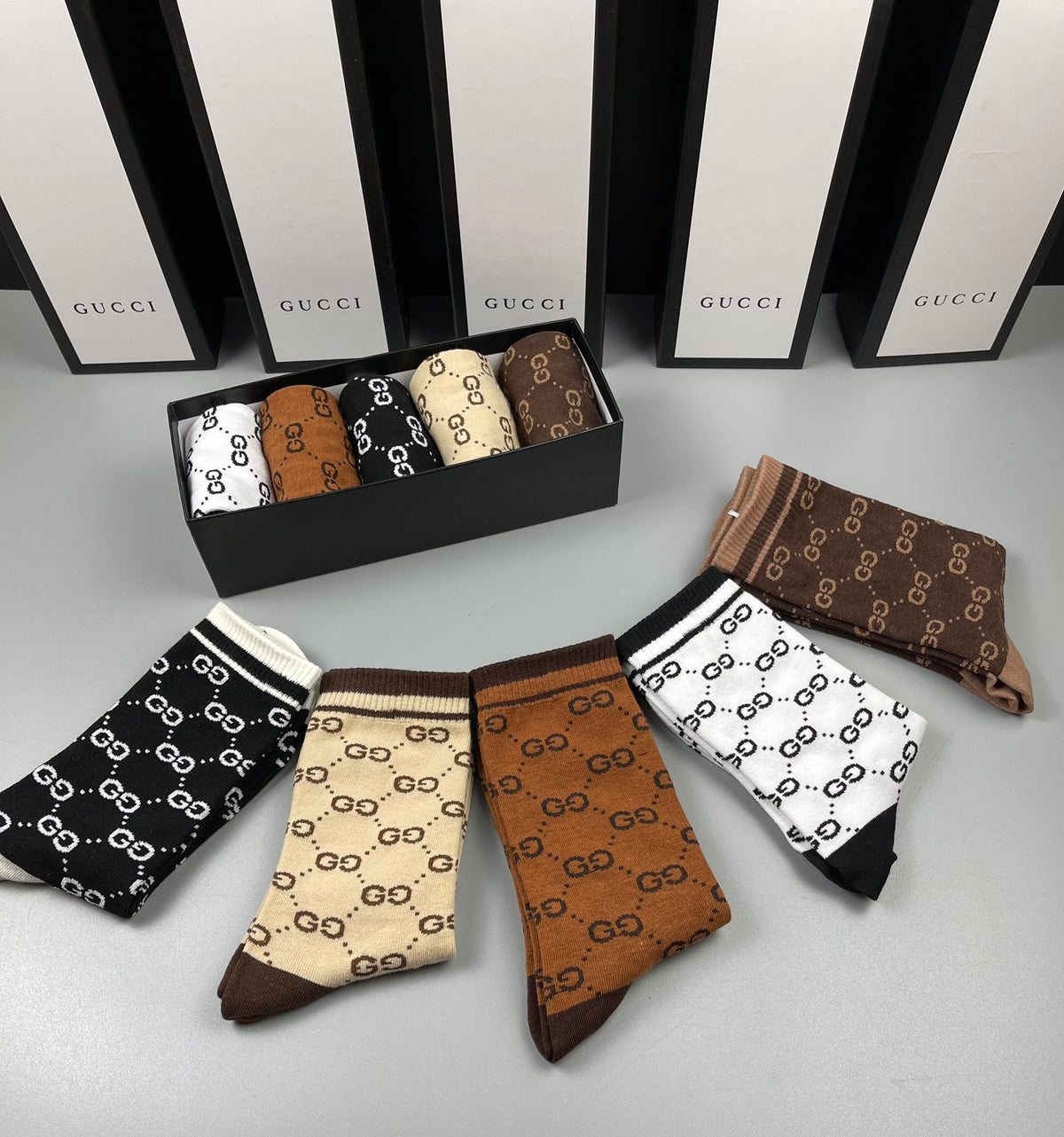 Gucci Neutral Brown Checker Pattern Crew Socks, image 7