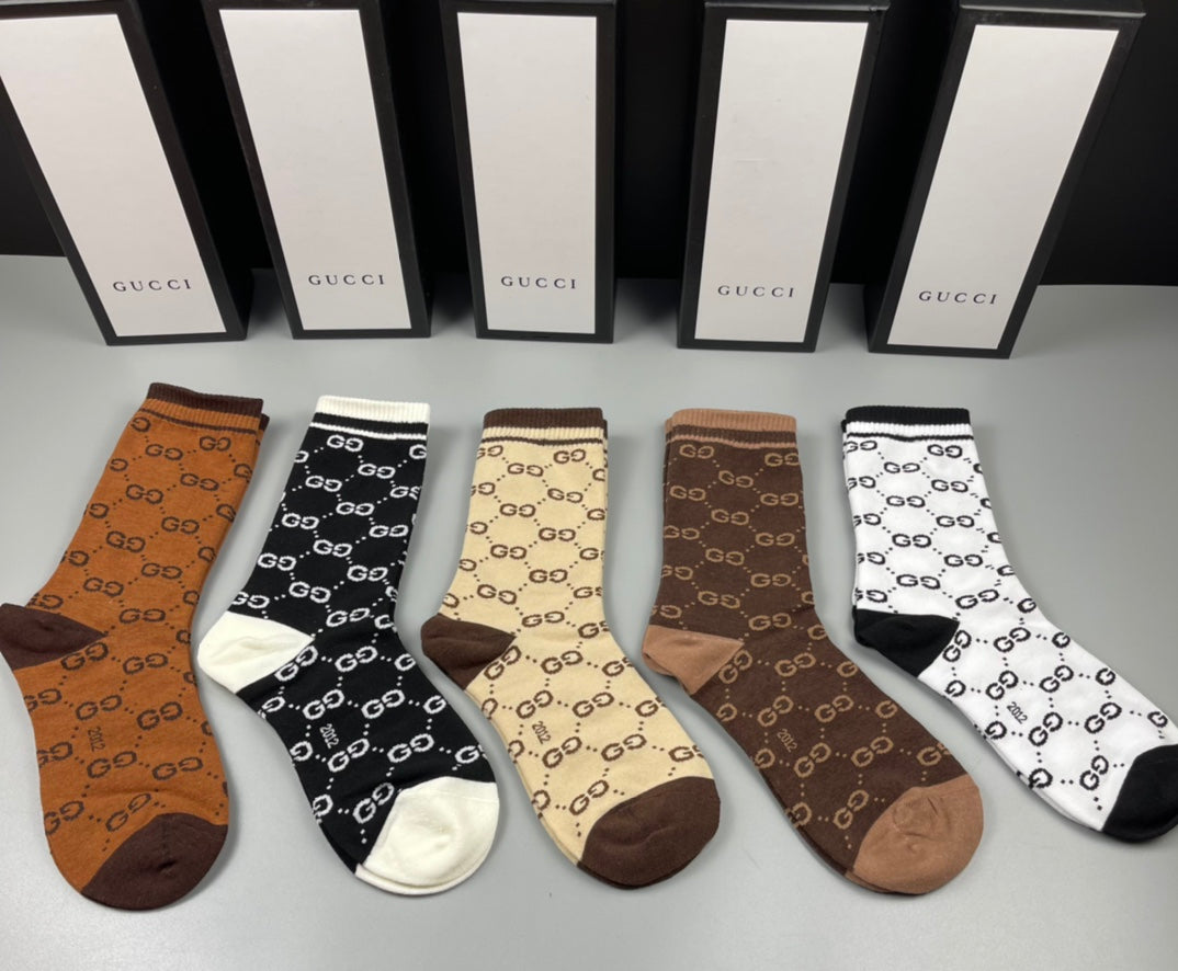 Gucci Neutral Brown Checker Pattern Crew Socks, image 1
