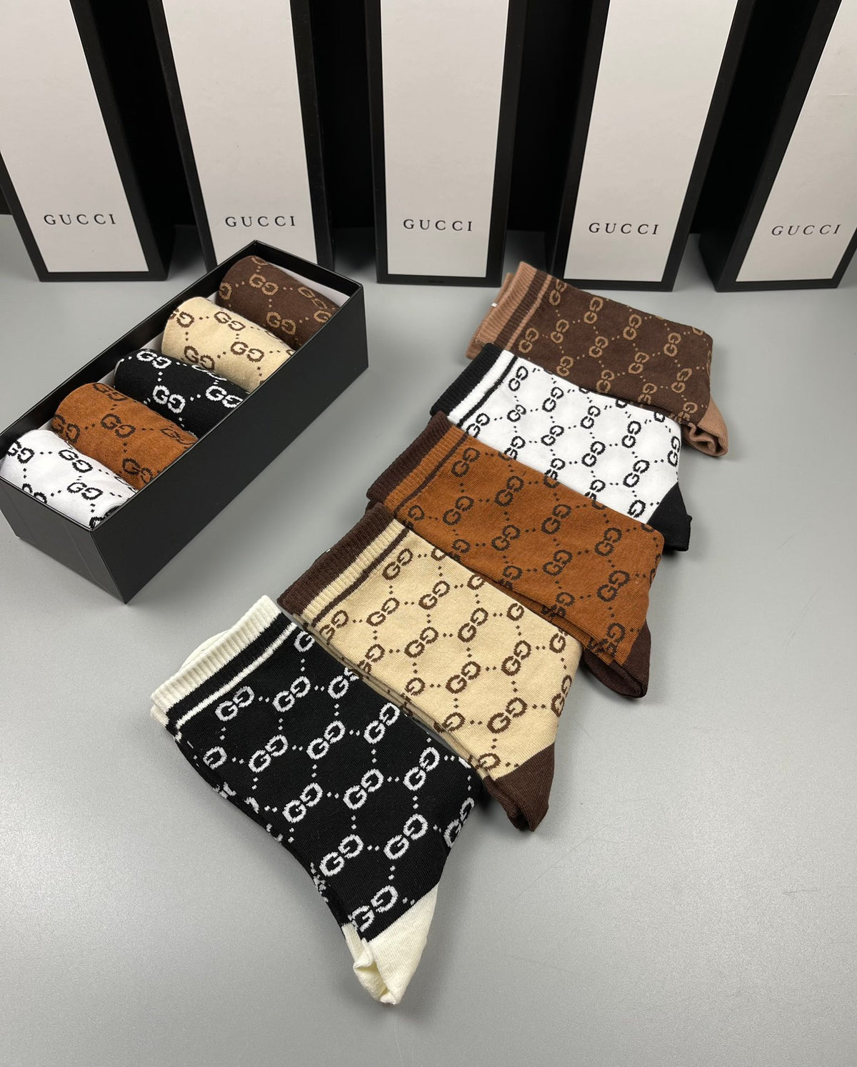 Gucci Neutral Brown Checker Pattern Crew Socks, image 8