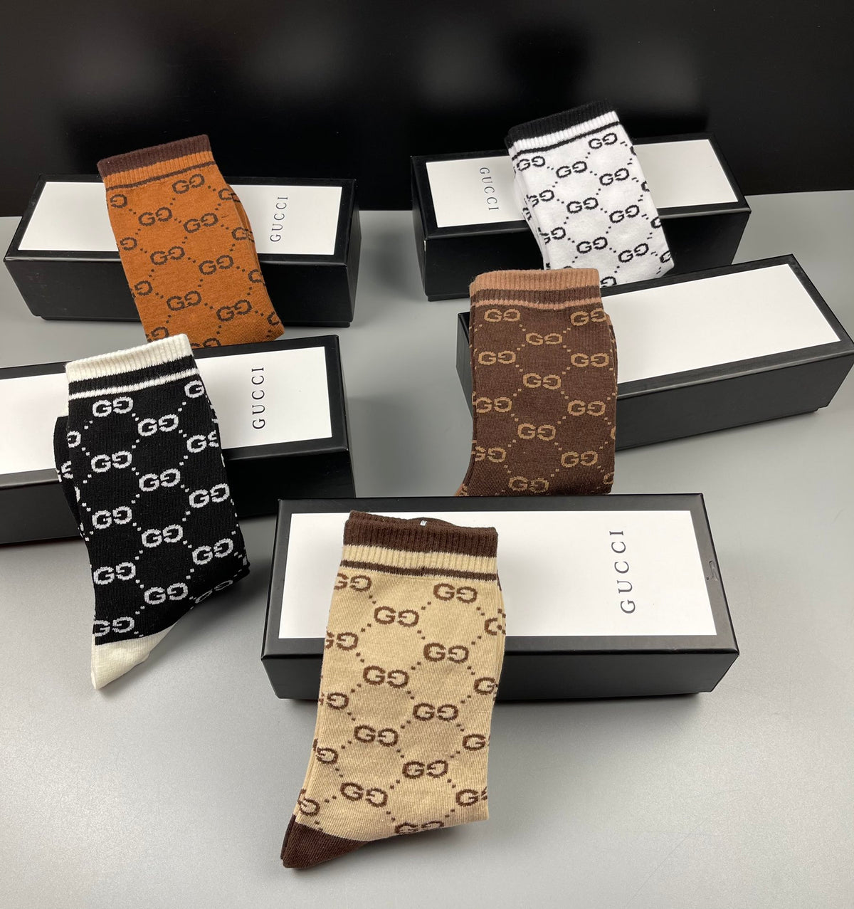 Gucci Neutral Brown Checker Pattern Crew Socks, image 5