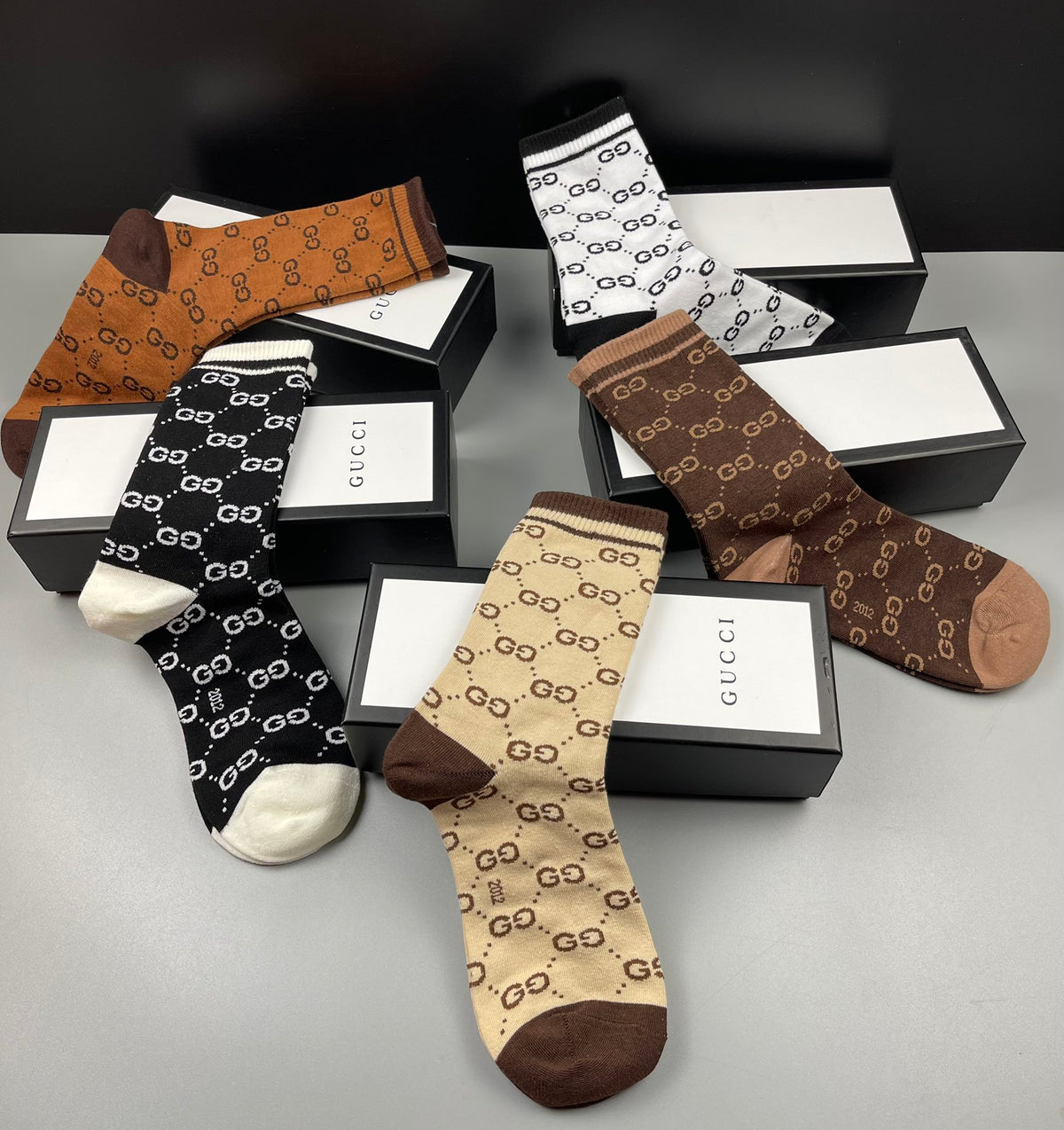 Gucci Neutral Brown Checker Pattern Crew Socks, image 4