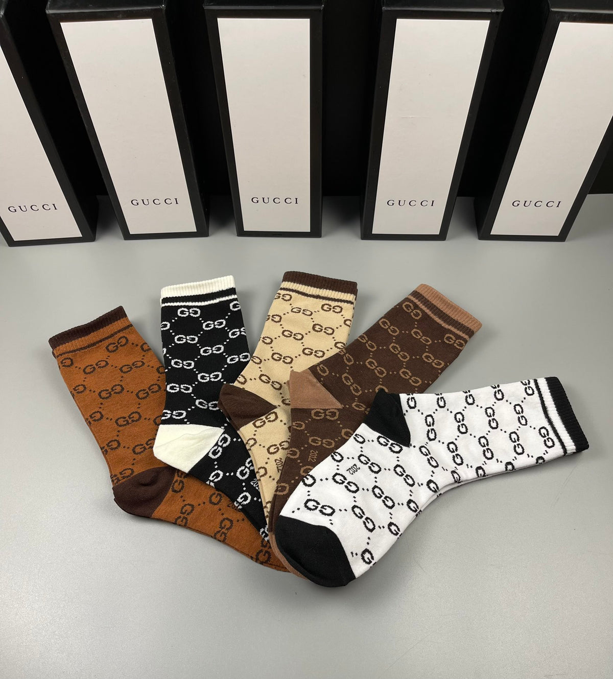 Gucci Neutral Brown Checker Pattern Crew Socks, image 2