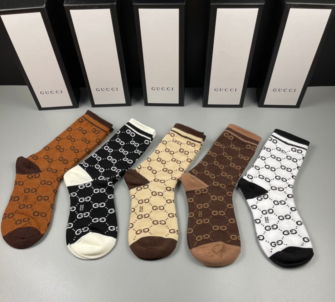 Gucci Neutral Brown Checker Pattern Crew Socks, image 3