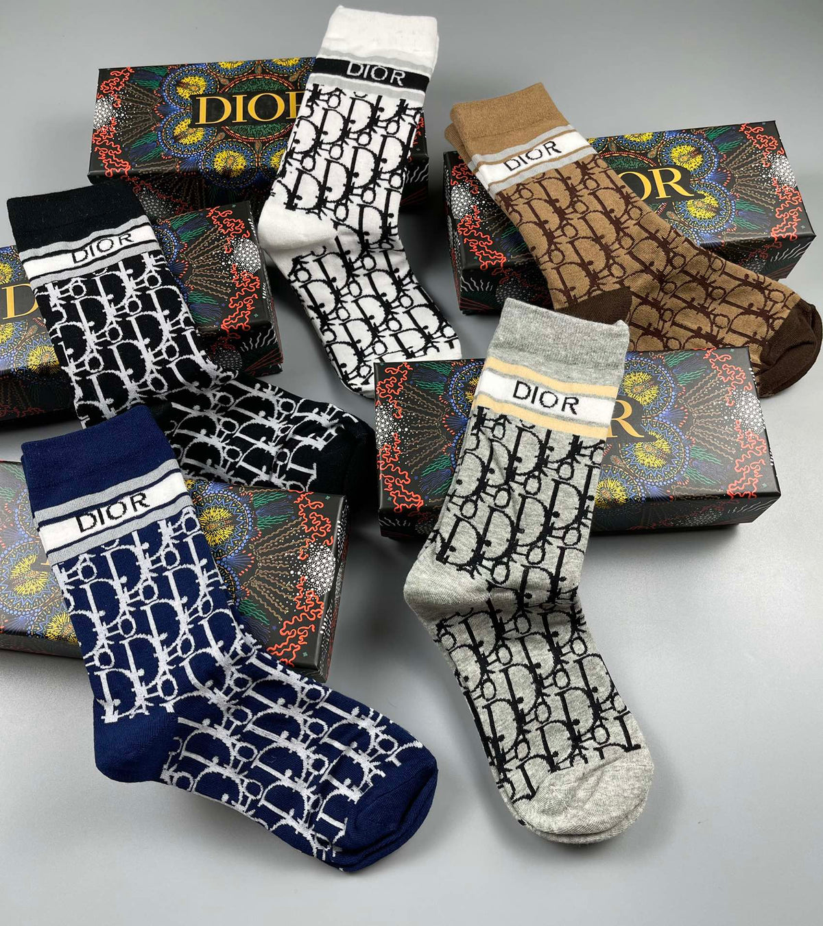 Dior Black White Brown Dense Vertical Letters Crew Socks, image 6