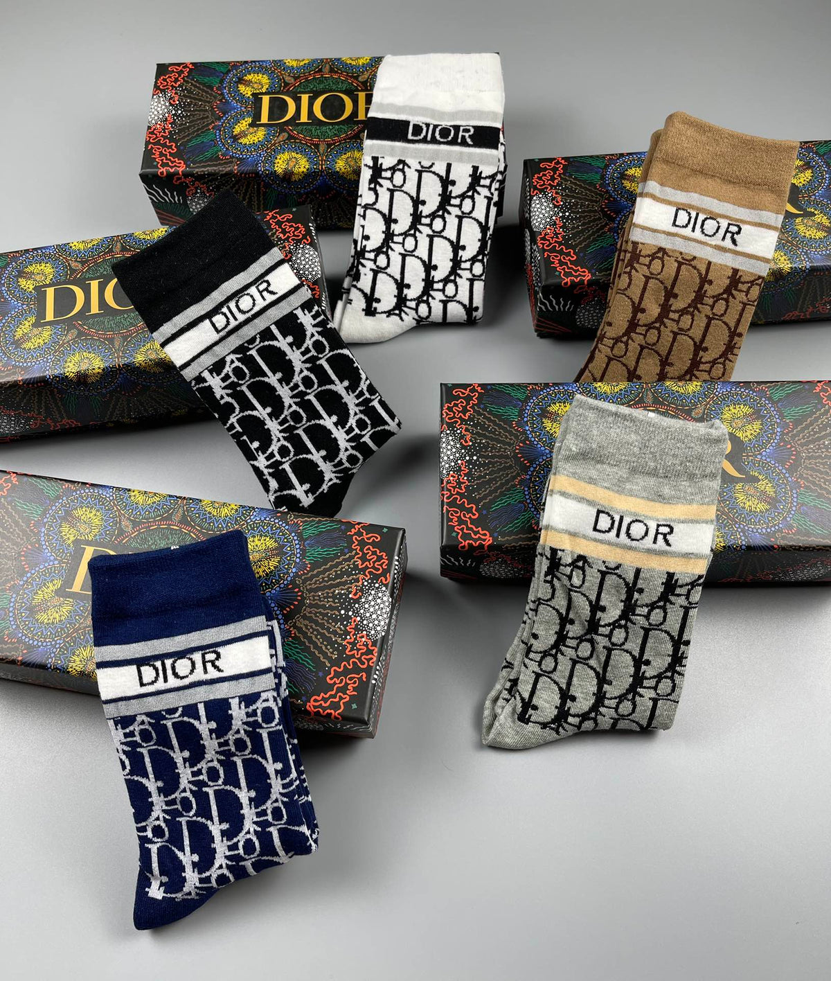Dior Black White Brown Dense Vertical Letters Crew Socks, image 5