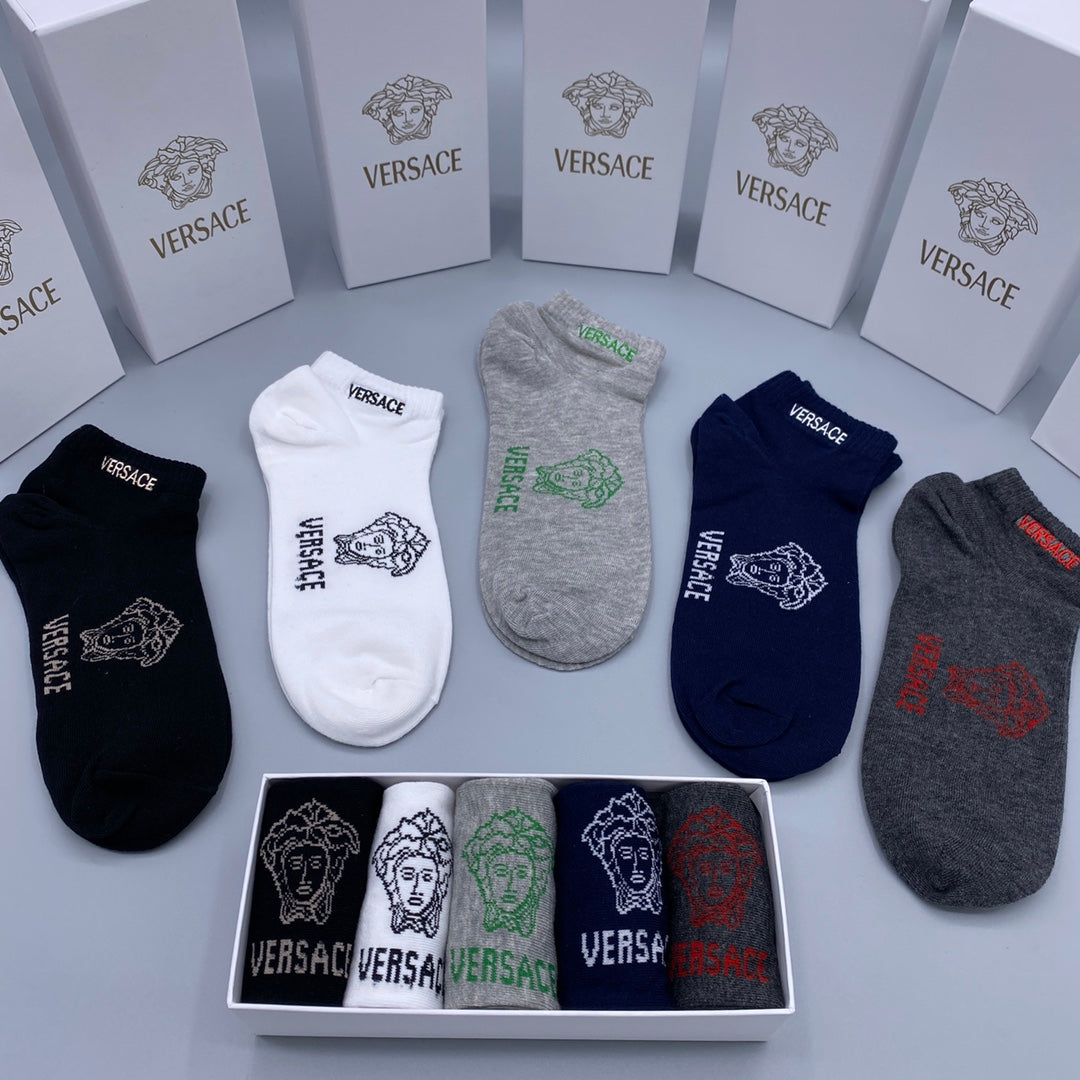 Versace Grey Navy Black Small Text No-Show Socks, image 6