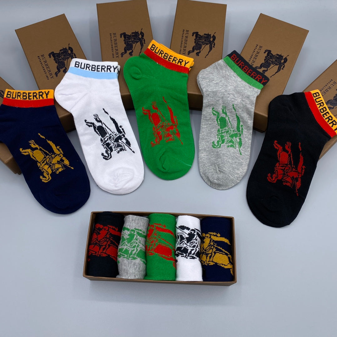 Burberry Green White Navy Bright Cuff Text No-Show Socks, image 2