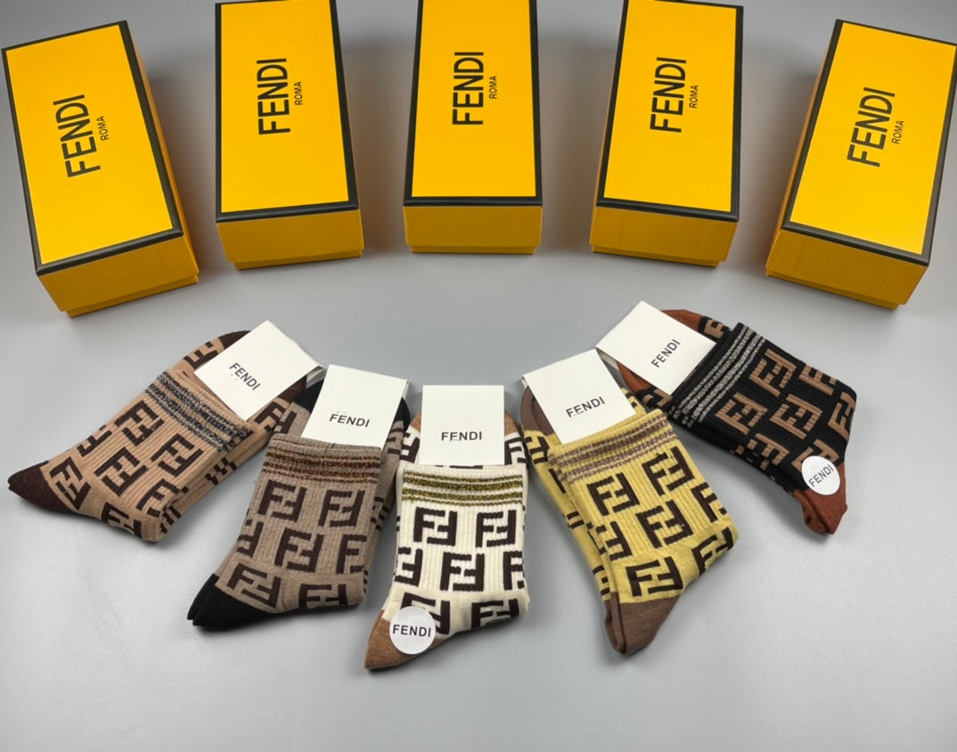 Fendi Earthy Repeated Geometric Letters Crew Socks, image 6
