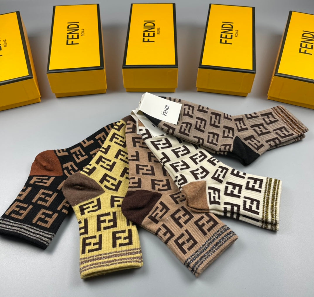 Fendi Earthy Repeated Geometric Letters Crew Socks, image 3