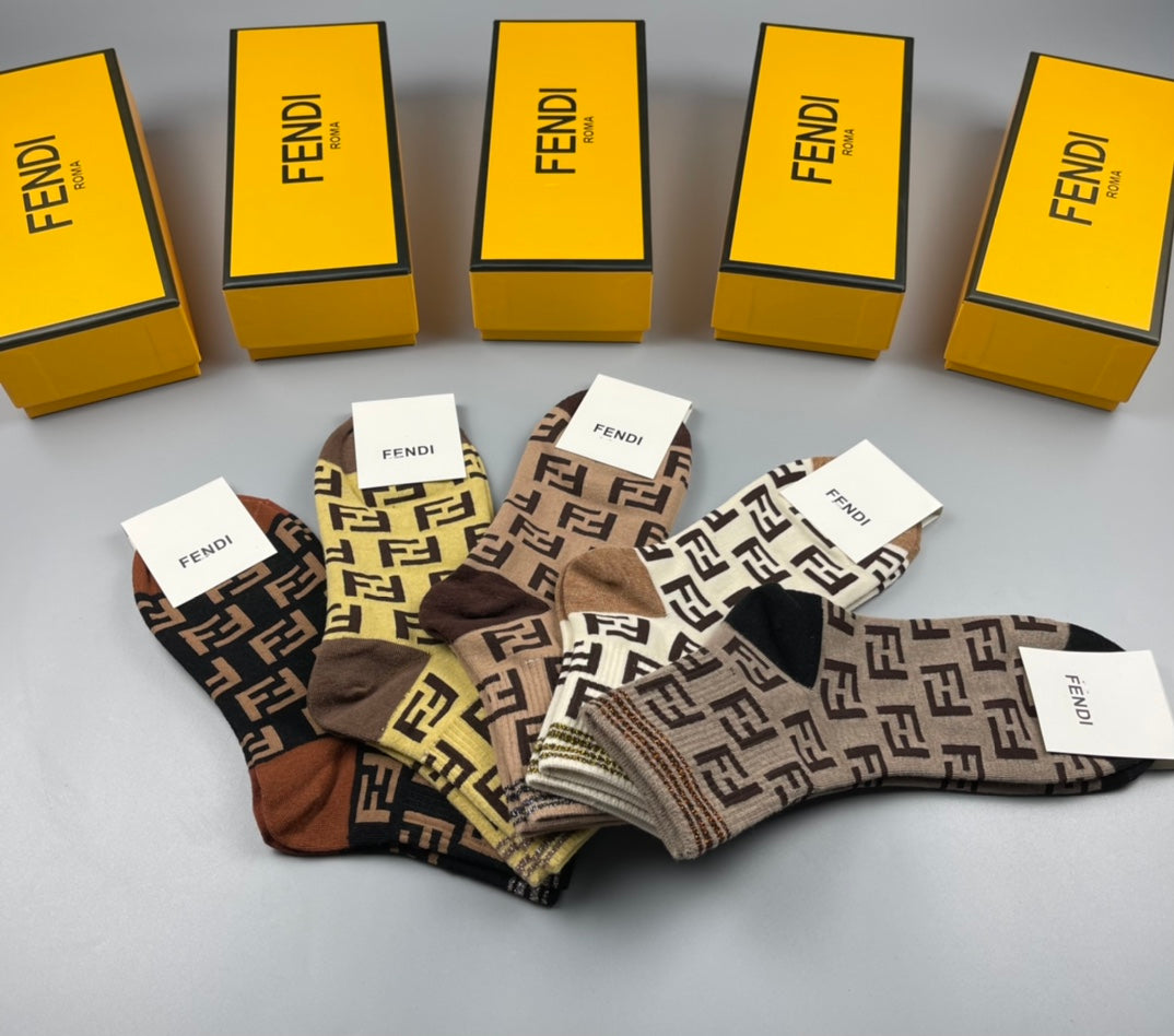 Fendi Earthy Repeated Geometric Letters Crew Socks, image 2