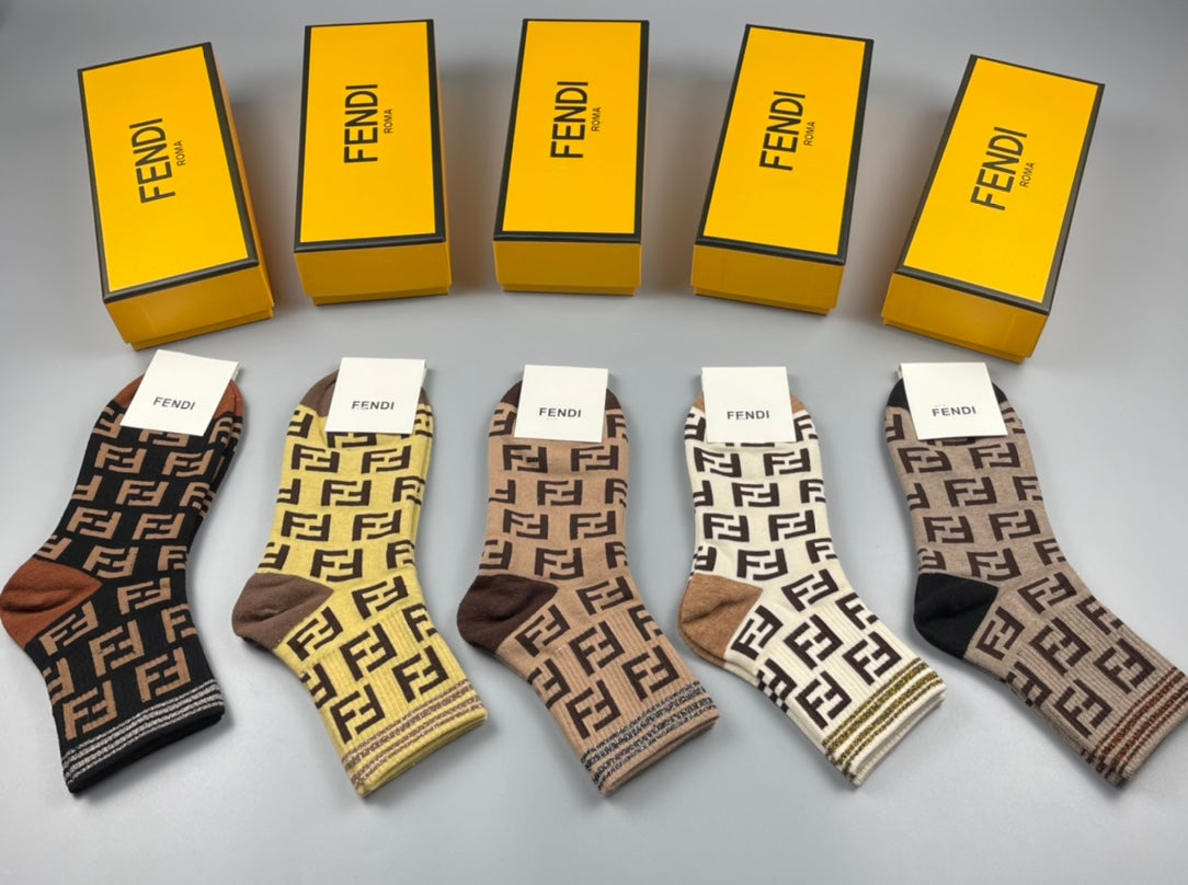 Fendi Earthy Repeated Geometric Letters Crew Socks, image 1