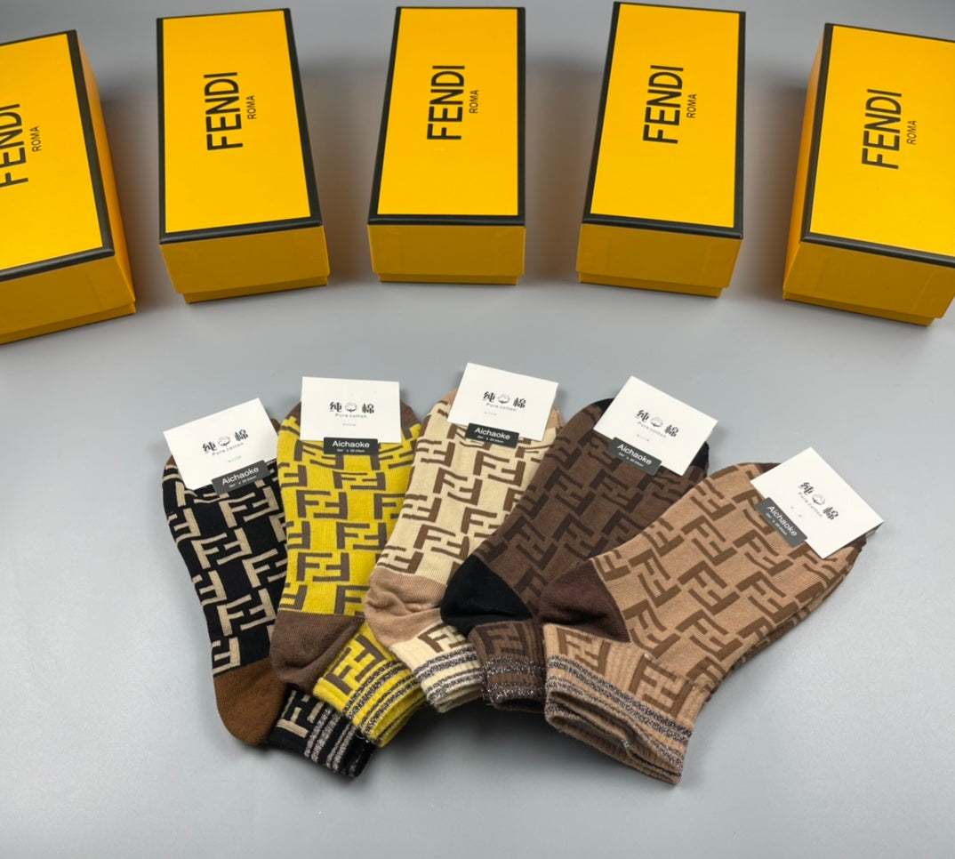 Fendi Earthy Yellow Repeating Letter Pattern Crew Socks, image 2
