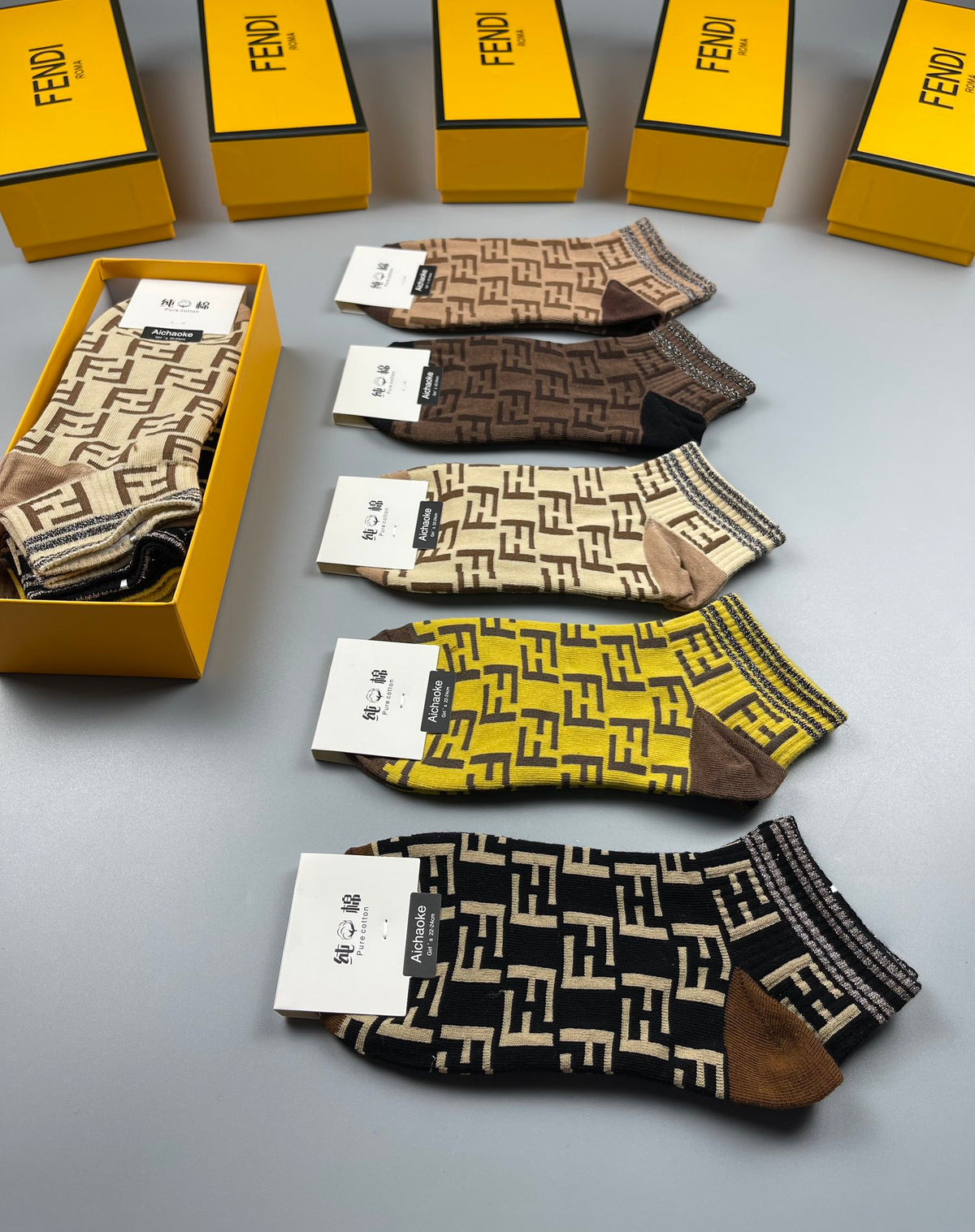 Fendi Earthy Yellow Repeating Letter Pattern Crew Socks, image 8