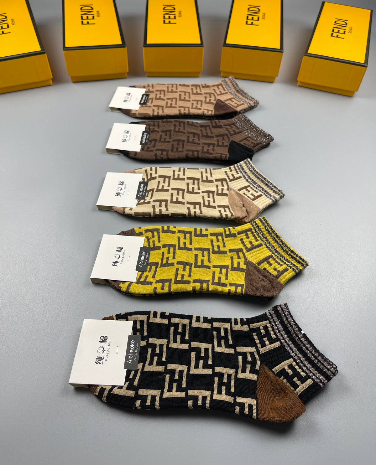 Fendi Earthy Yellow Repeating Letter Pattern Crew Socks, image 7