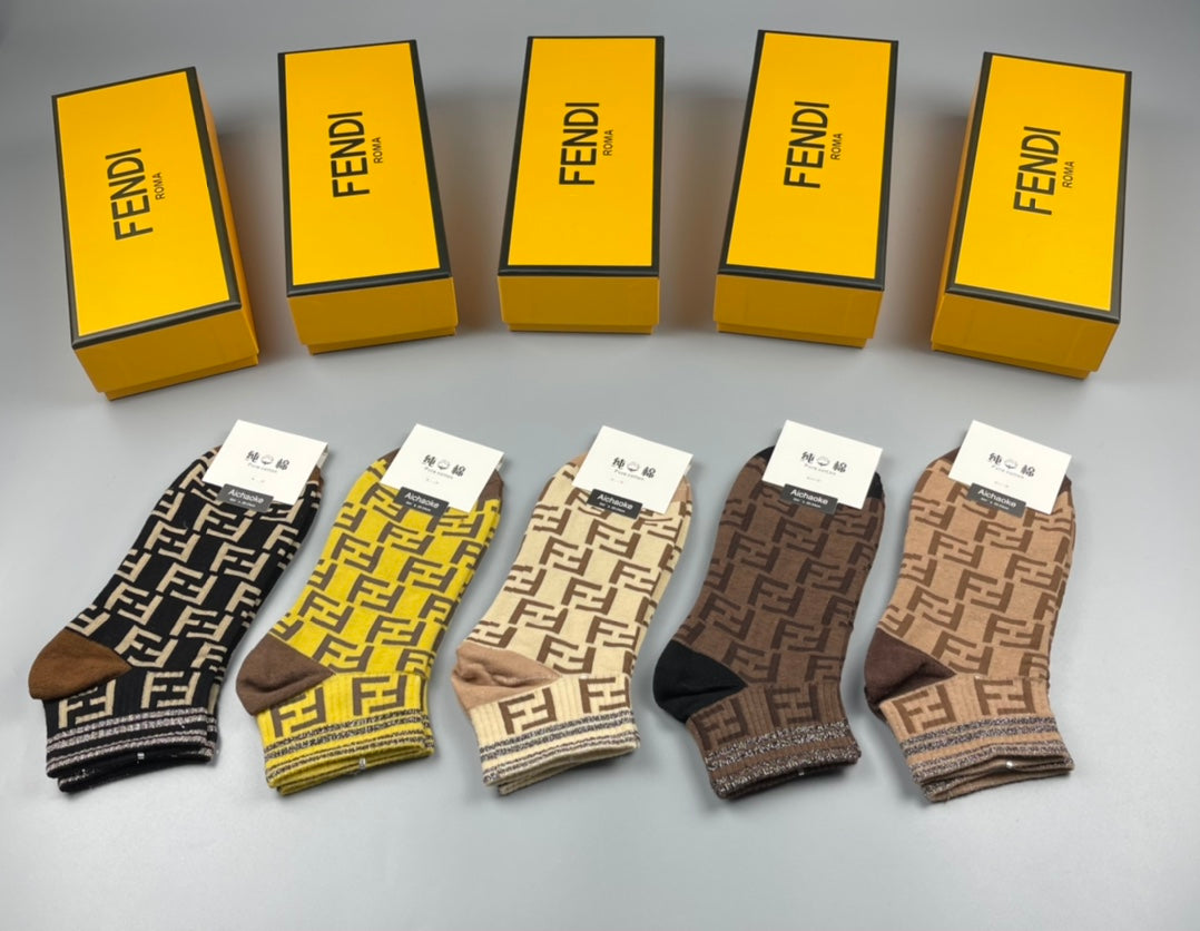 Fendi Earthy Yellow Repeating Letter Pattern Crew Socks, image 6