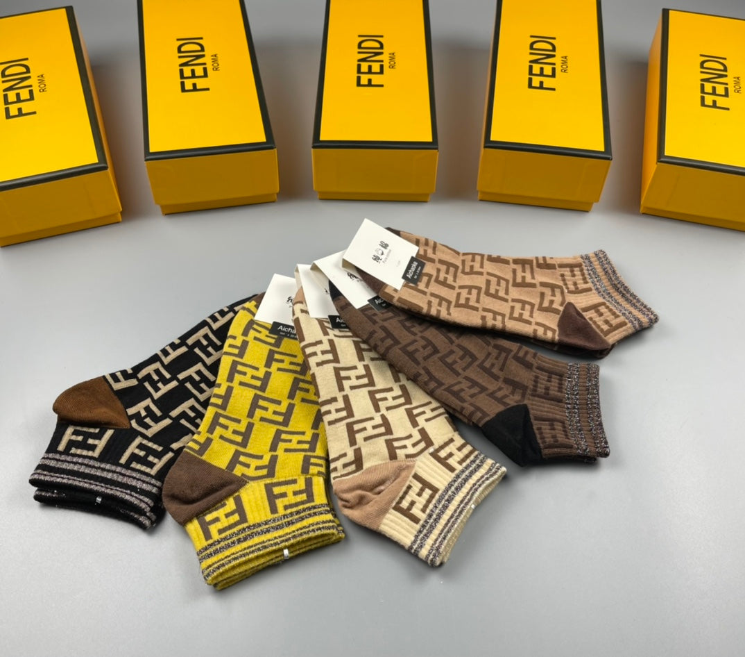 Fendi Earthy Yellow Repeating Letter Pattern Crew Socks, image 3