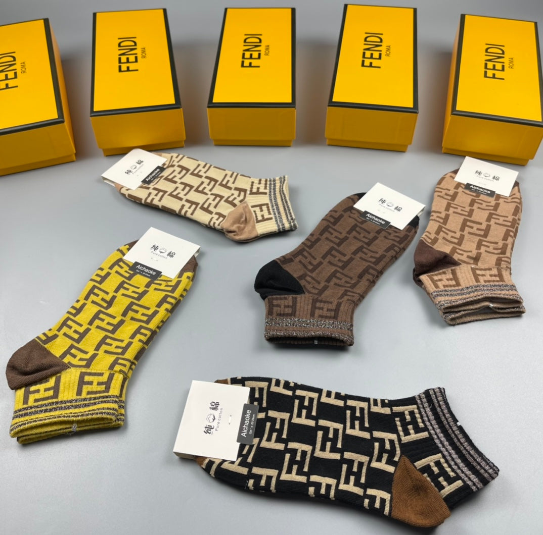 Fendi Earthy Yellow Repeating Letter Pattern Crew Socks, image 5