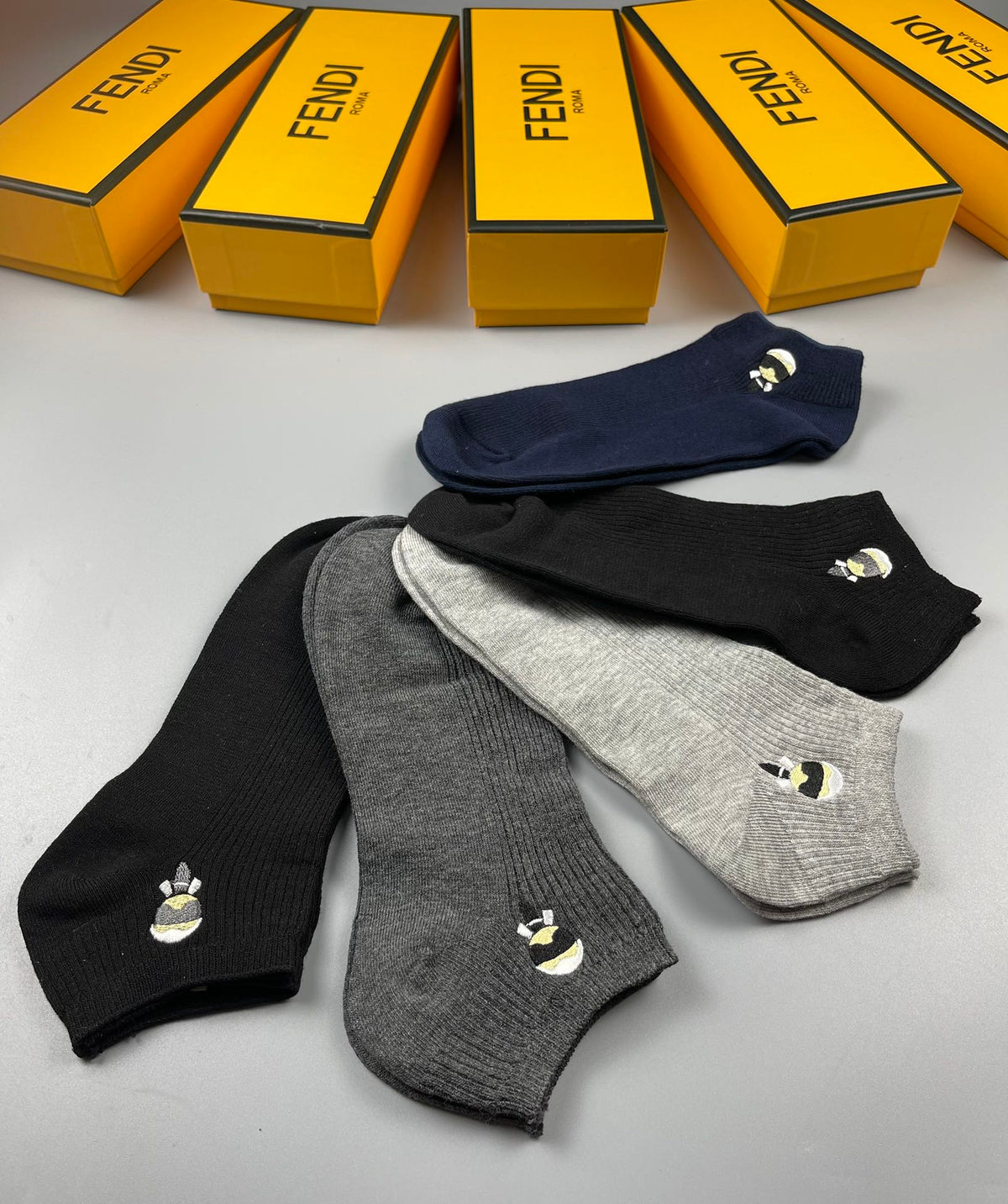 Fendi Grey Navy White Small Eye Motif No-Show Socks, image 9