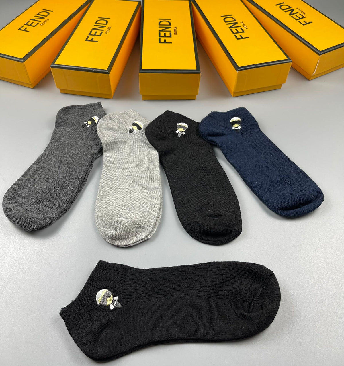Fendi Grey Navy White Small Eye Motif No-Show Socks, image 6
