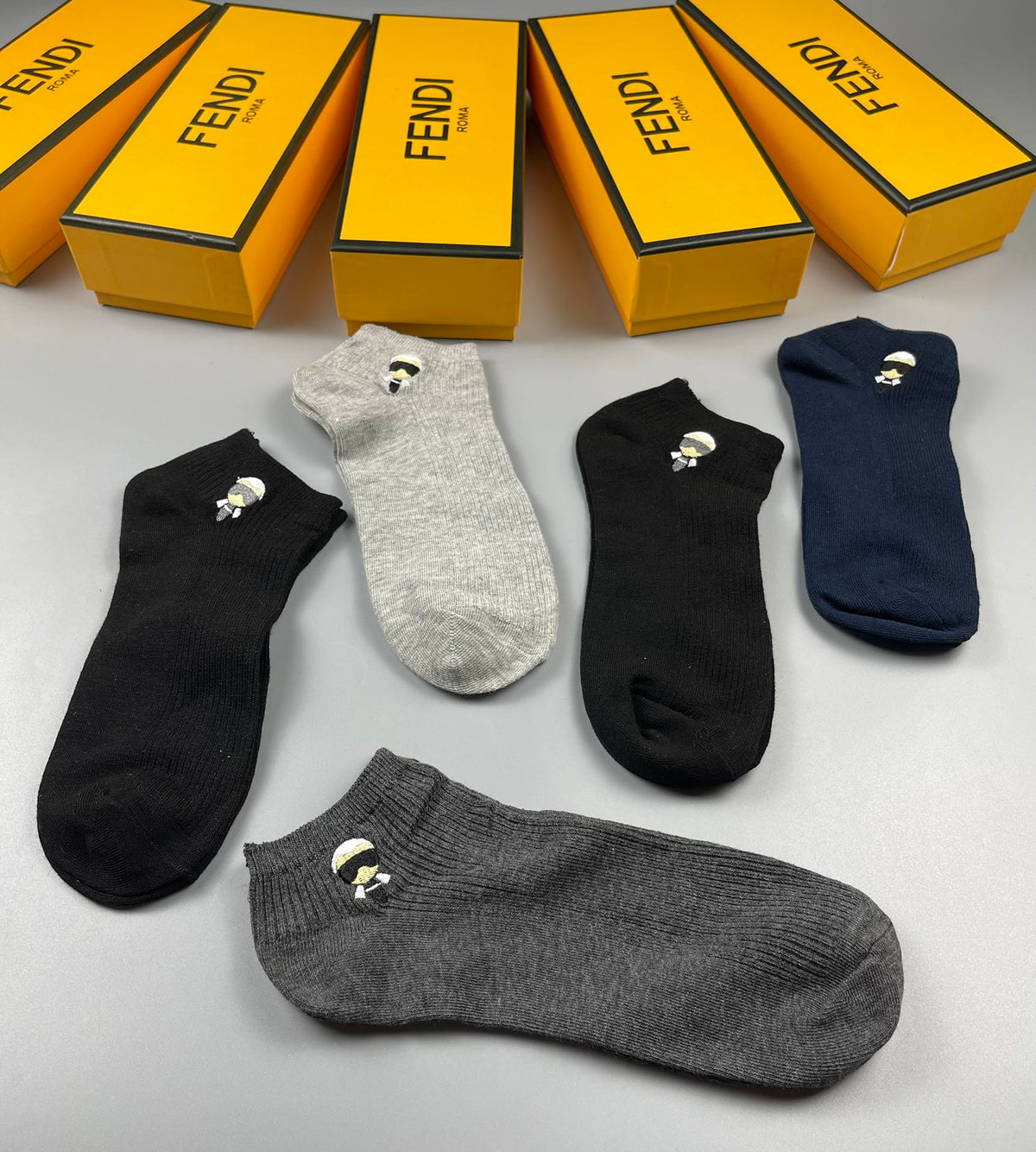 Fendi Grey Navy White Small Eye Motif No-Show Socks, image 3