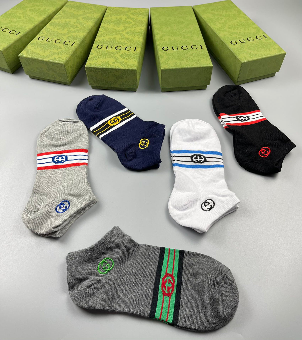 Gucci Navy White Grey Fine Stripe Ankle Socks, image 6