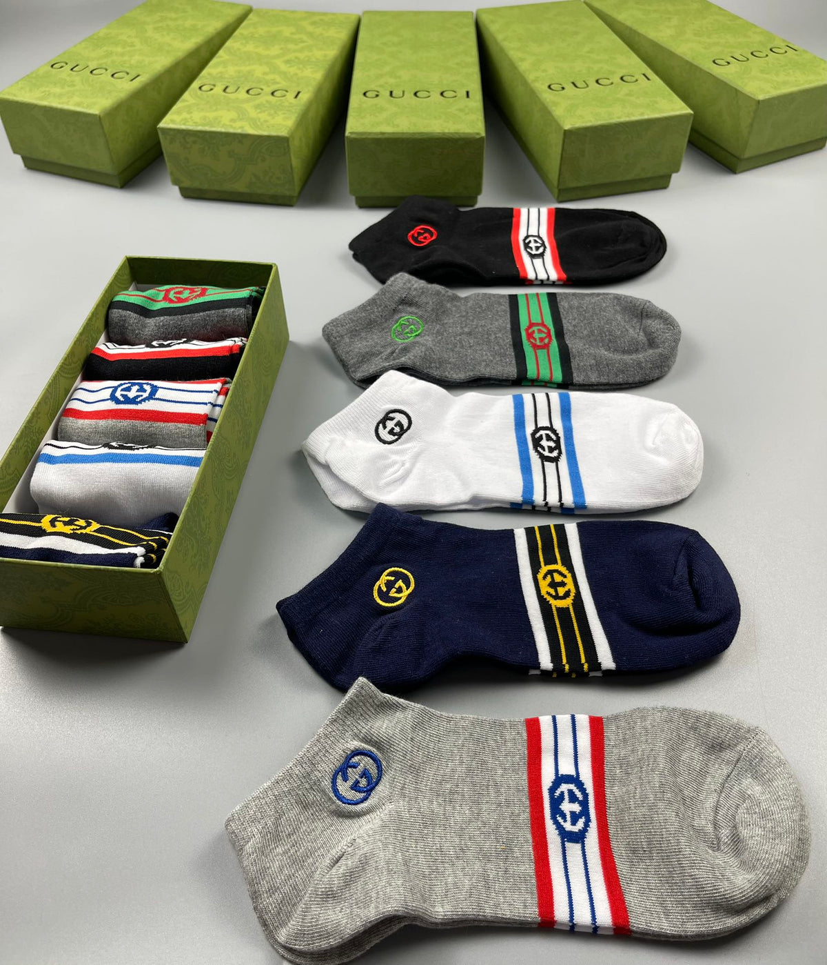 Gucci Navy White Grey Fine Stripe Ankle Socks, image 8