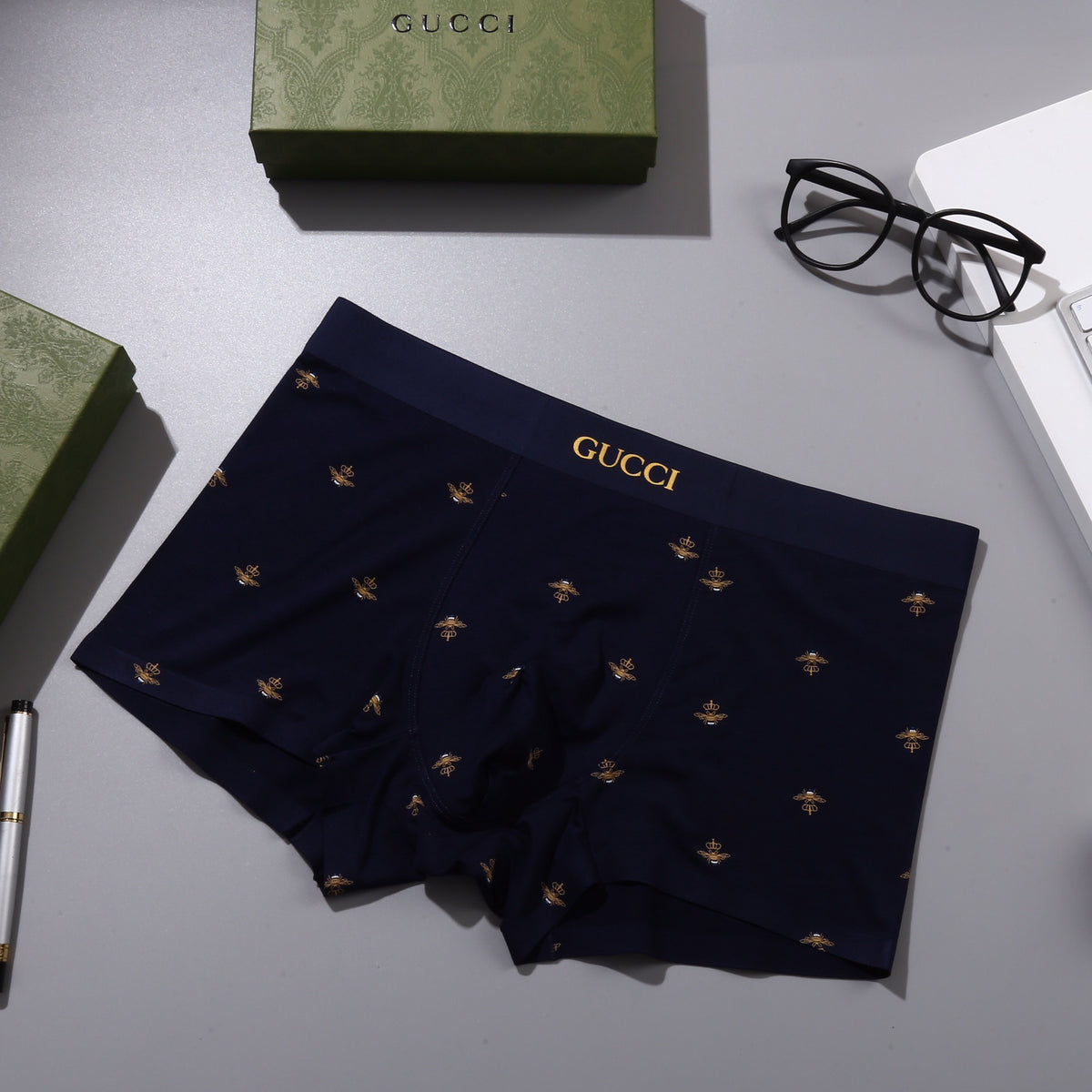 Gucci Navy Grey Tiny Gold Pattern Boxer Briefs, image 5