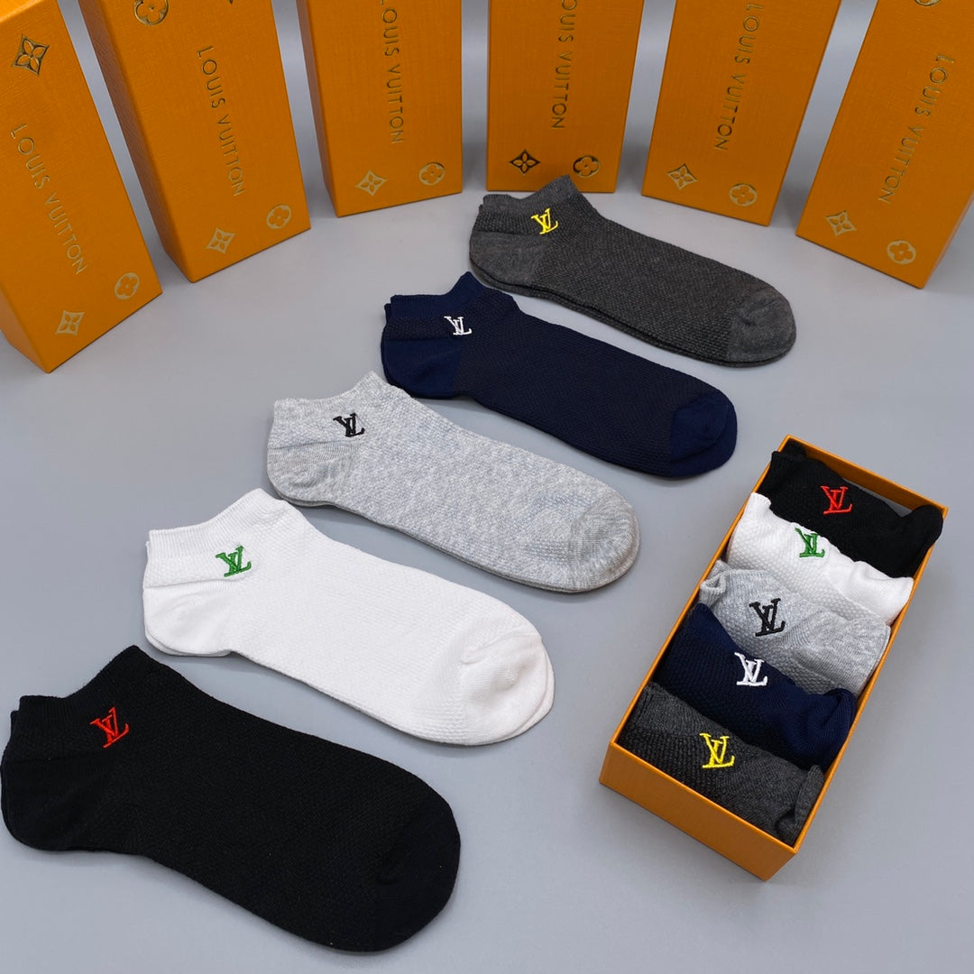 Louis Vuitton Grey White Navy Small Flower No-Show Socks, image 4