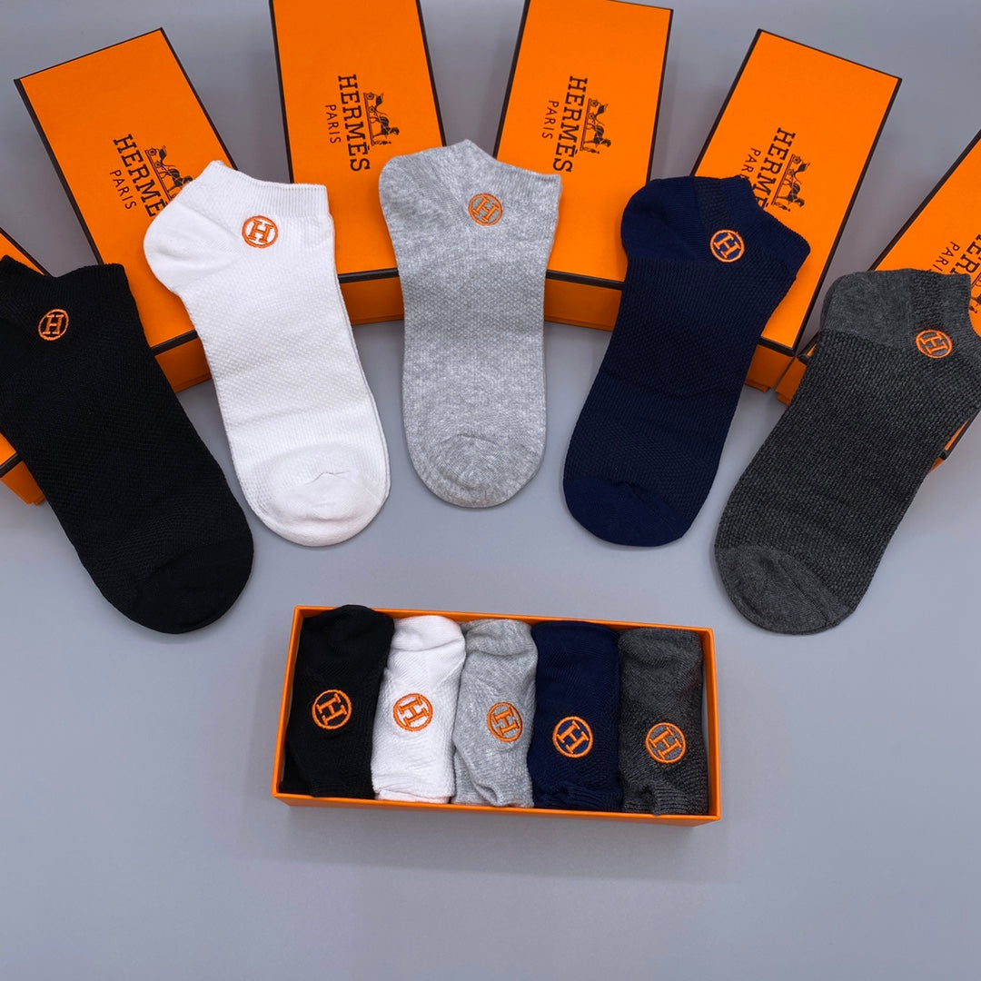 Hermès White Navy Grey Orange Side Emblem No-Show Socks, image 6