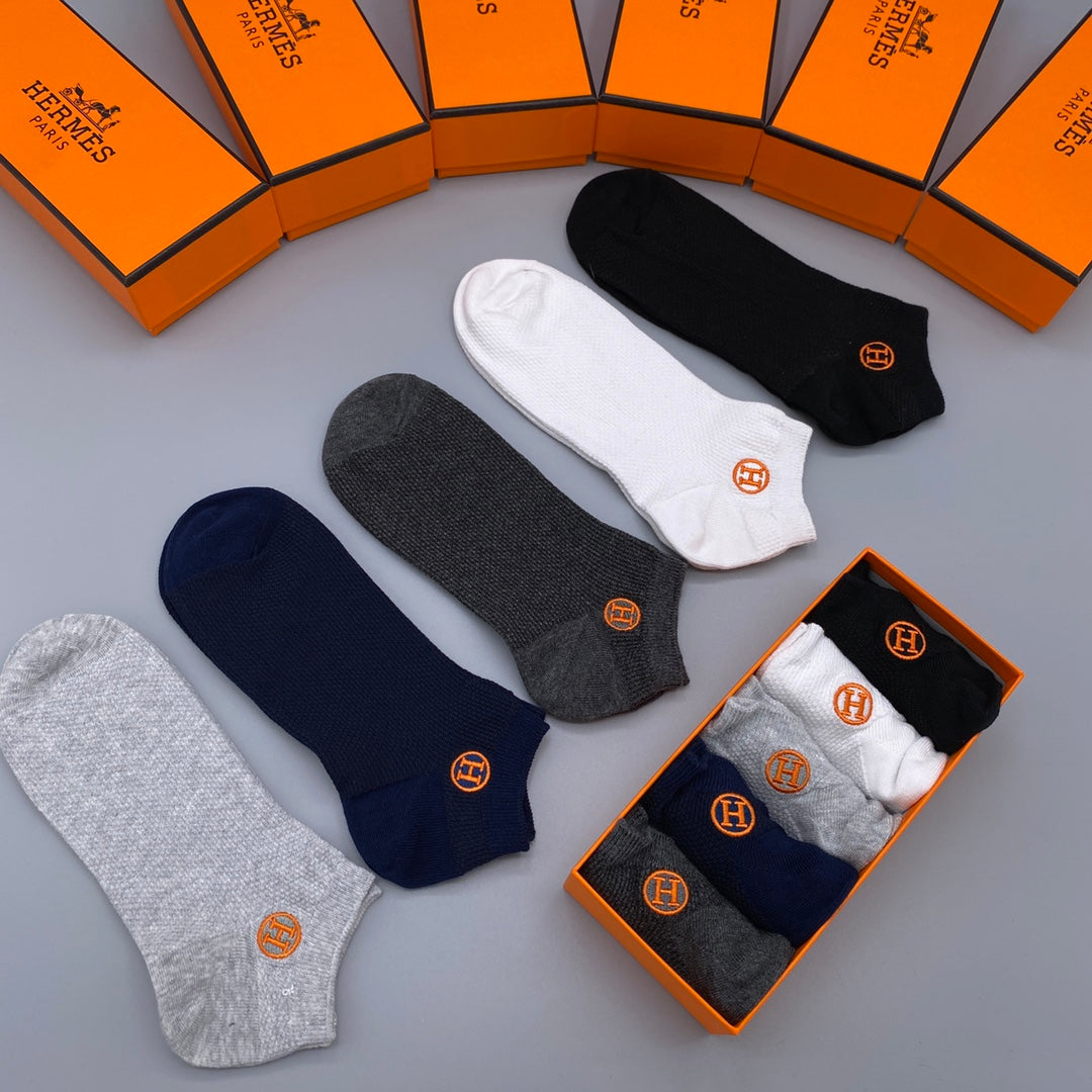 Hermès White Navy Grey Orange Side Emblem No-Show Socks, image 4