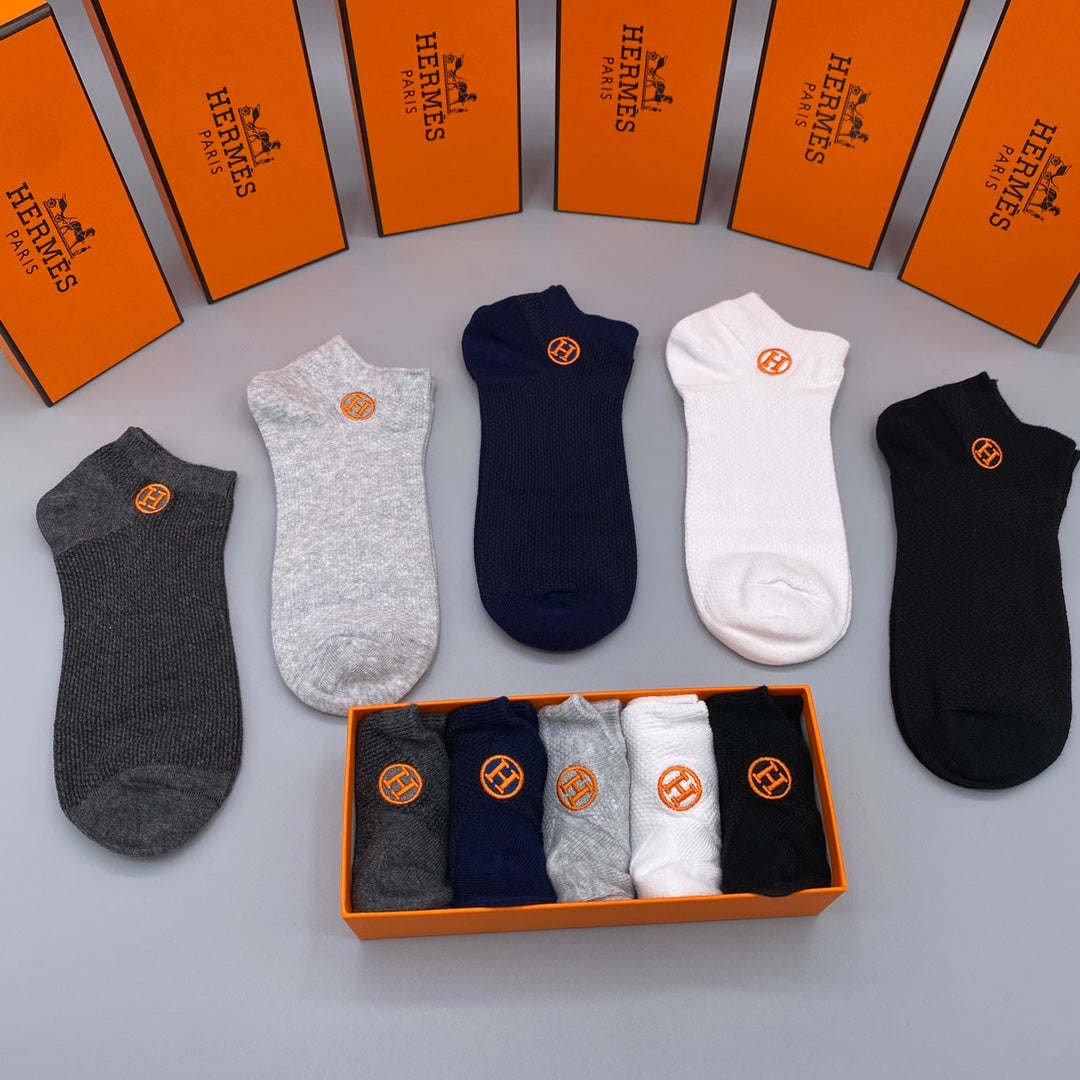 Hermès White Navy Grey Orange Side Emblem No-Show Socks, image 8