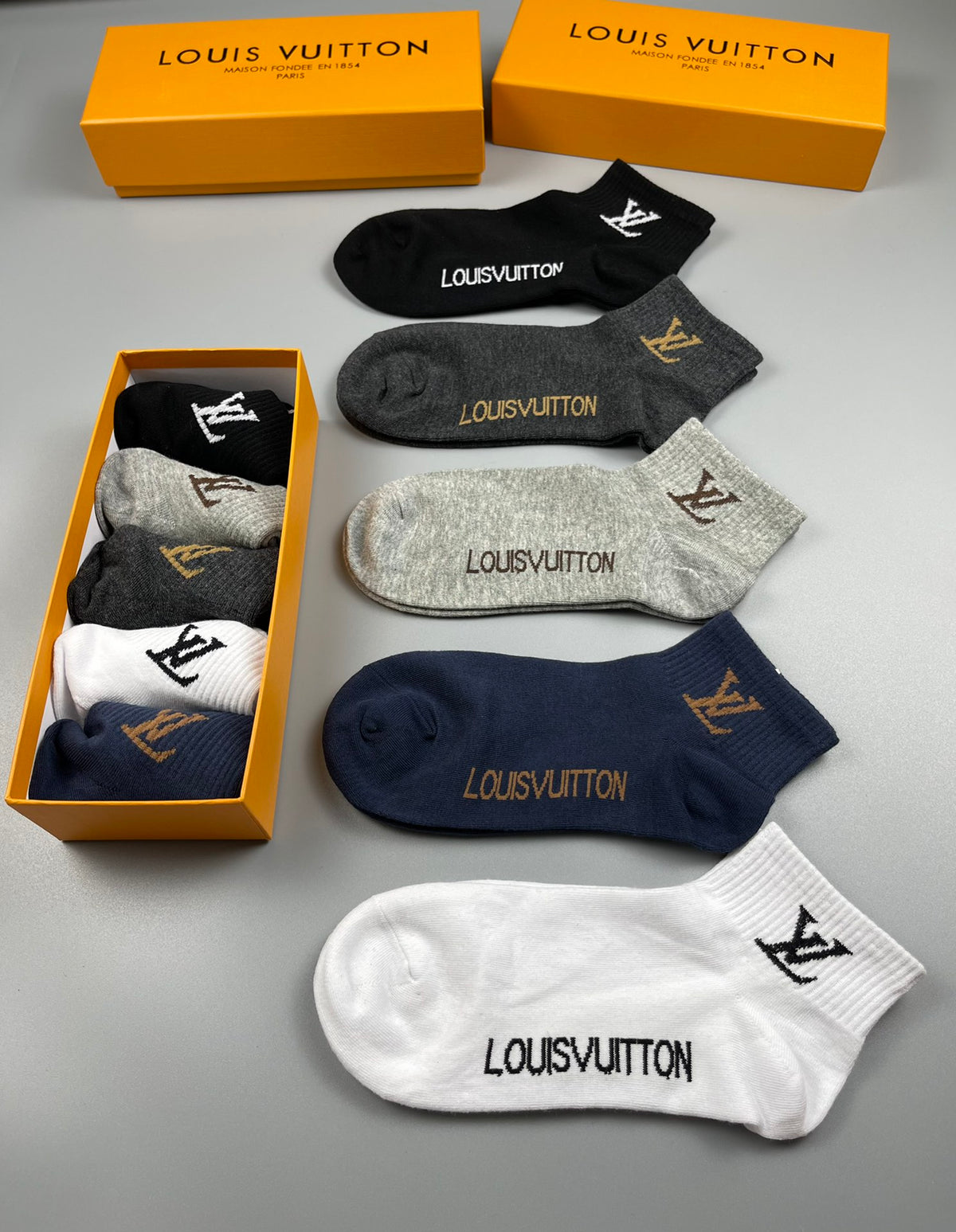 Louis Vuitton Neutral Grey White Small Foot Letters No-Show Socks, image 8