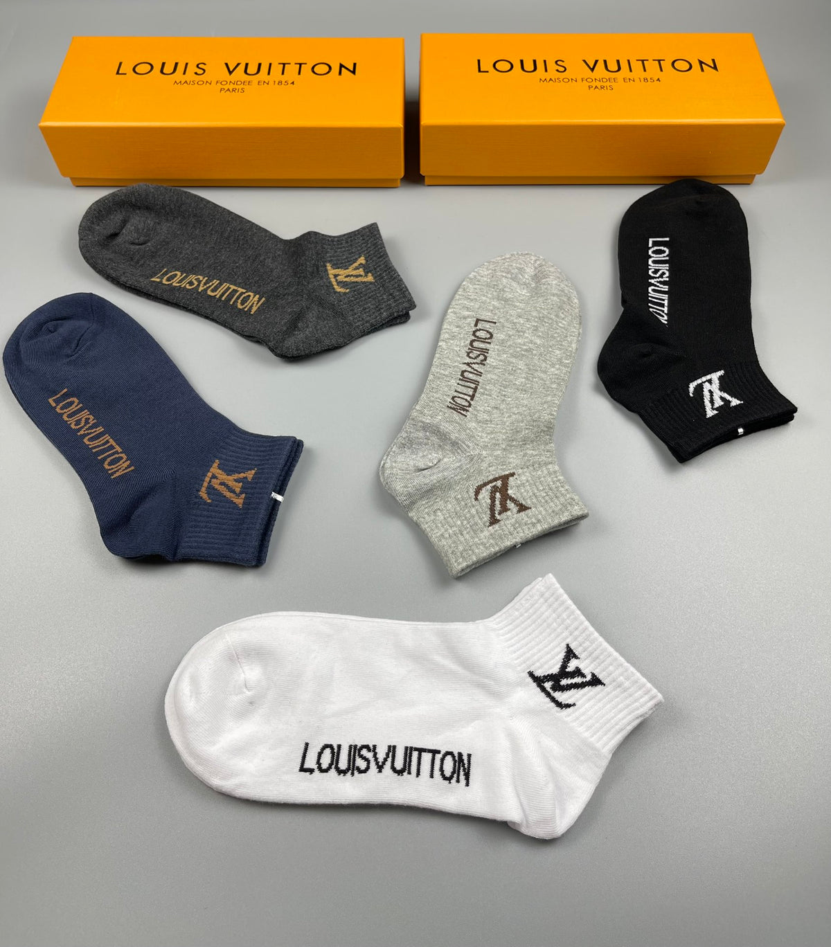 Louis Vuitton Neutral Grey White Small Foot Letters No-Show Socks, image 3