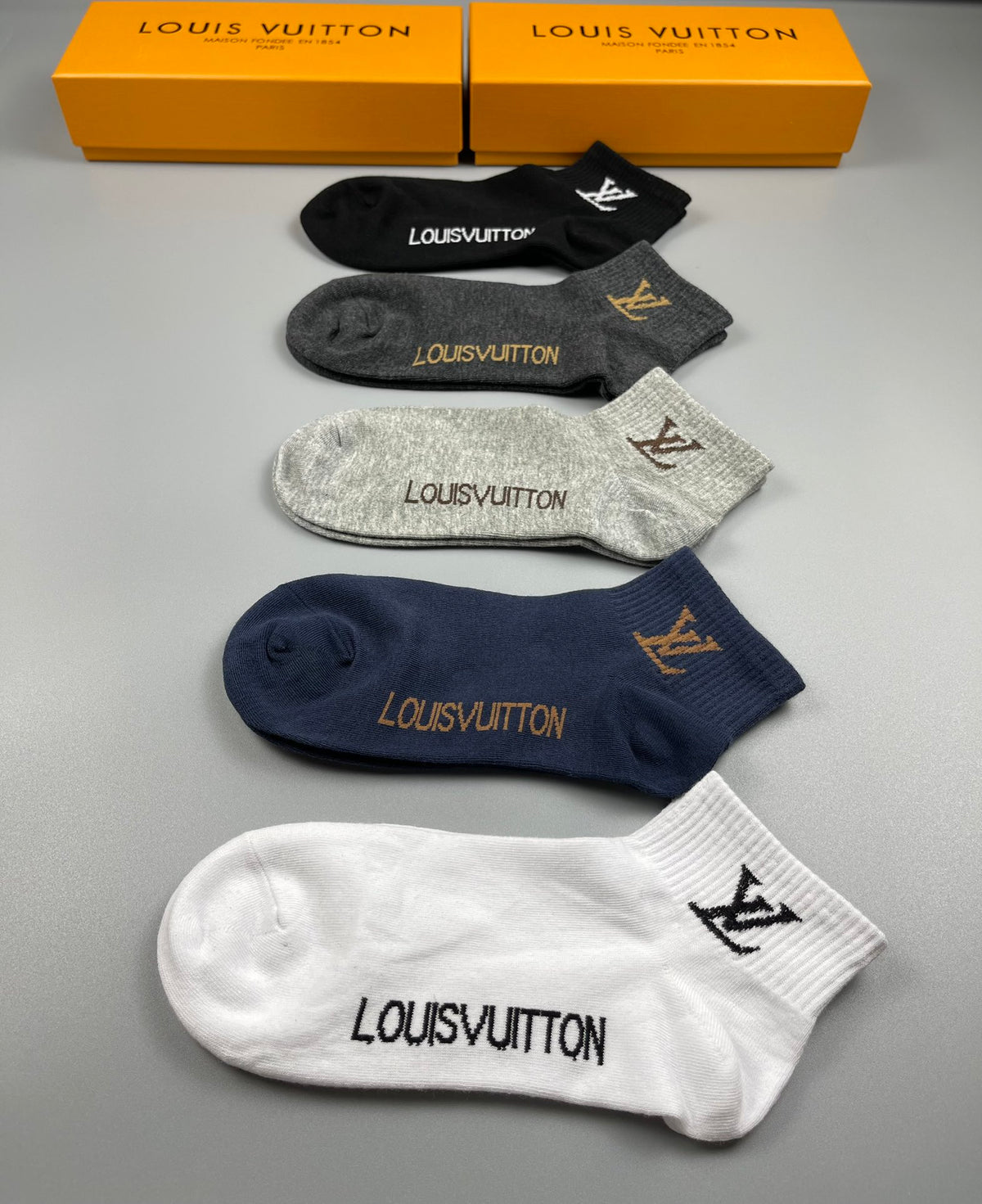 Louis Vuitton Neutral Grey White Small Foot Letters No-Show Socks, image 7