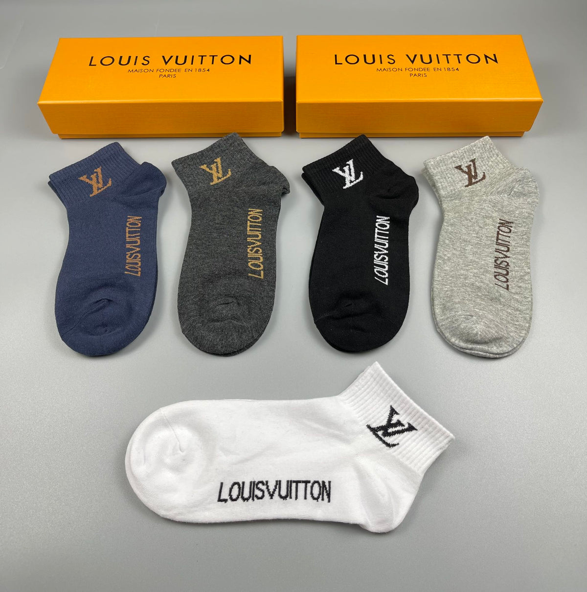 Louis Vuitton Neutral Grey White Small Foot Letters No-Show Socks, image 6