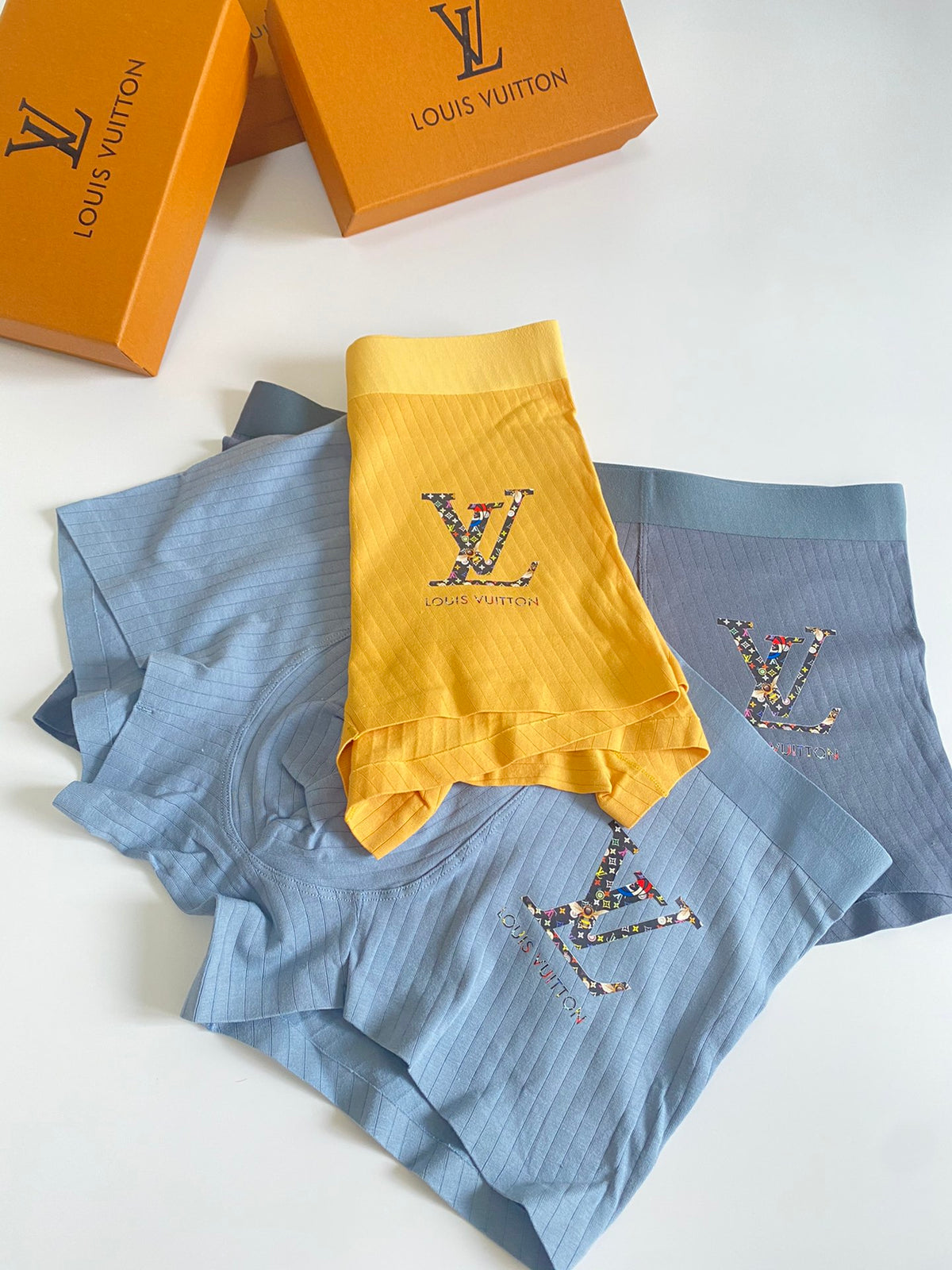 Louis Vuitton Yellow Grey Blue Round Leg Monogram Boxer Briefs, image 4